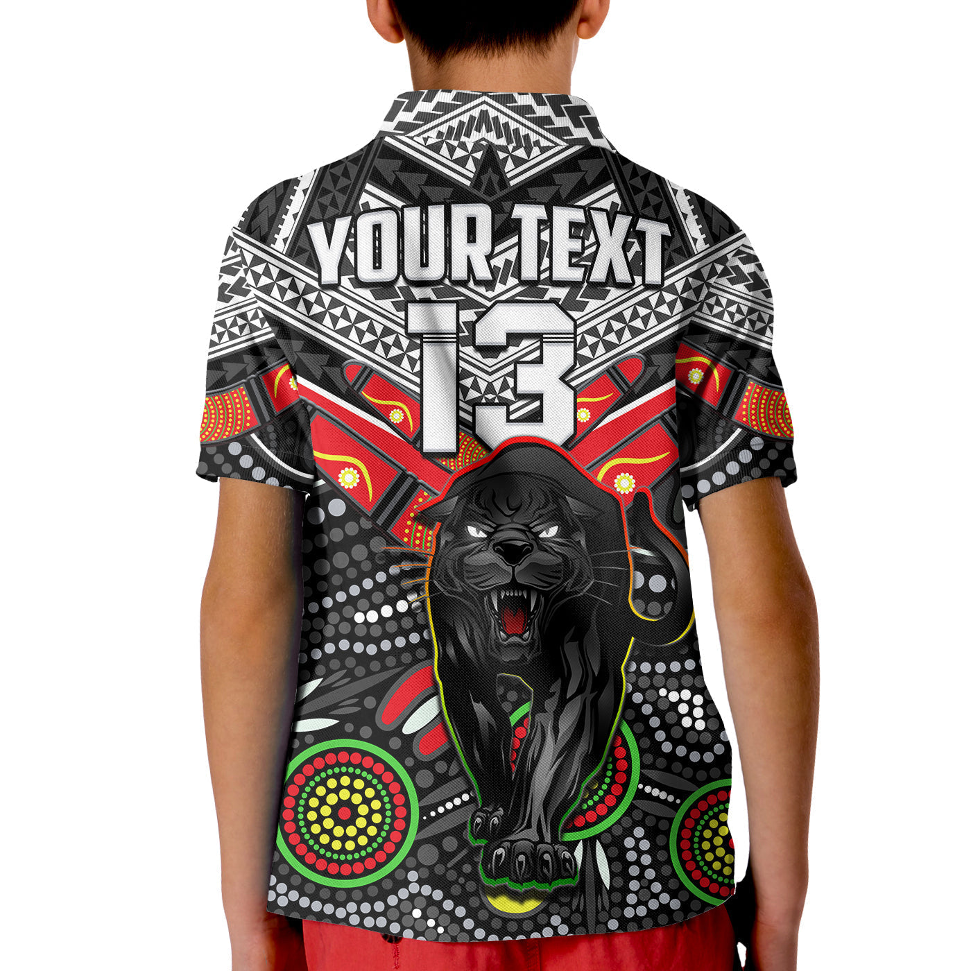 (Custom Text and Number) Panthers Rugby Polo Shirt KID Aboriginal and Polynesia Penrith The Riff - Vibe Hoodie Shop