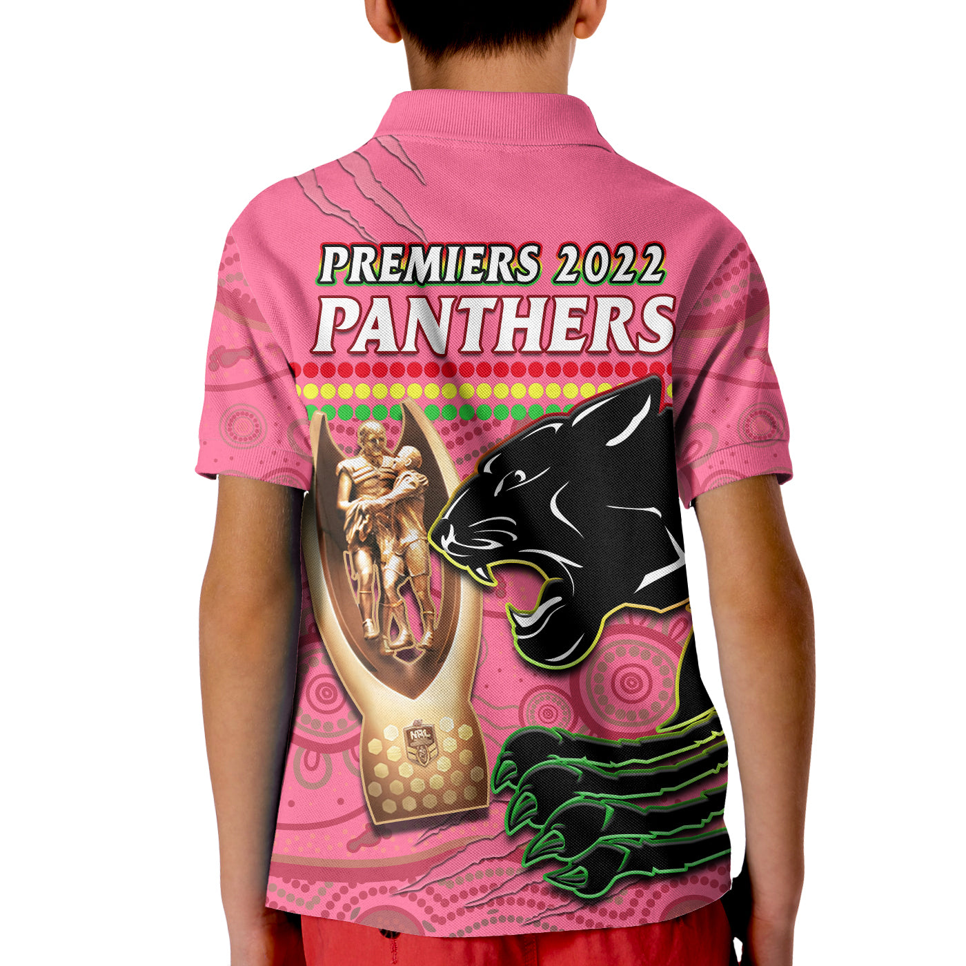 Panthers Rugby Polo Shirt The Riff 2022 Premiers Aboriginal Pink - Vibe Hoodie Shop