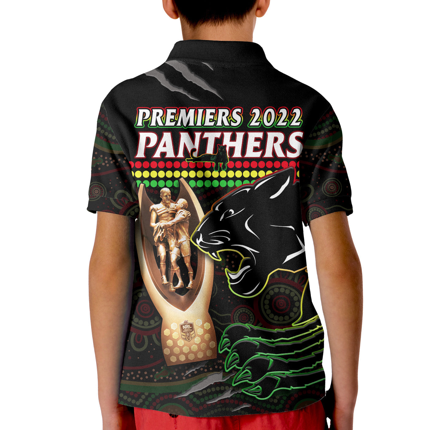 Panthers Rugby Polo Shirt KID The Riff 2022 Premiers Aboriginal Art - Vibe Hoodie Shop