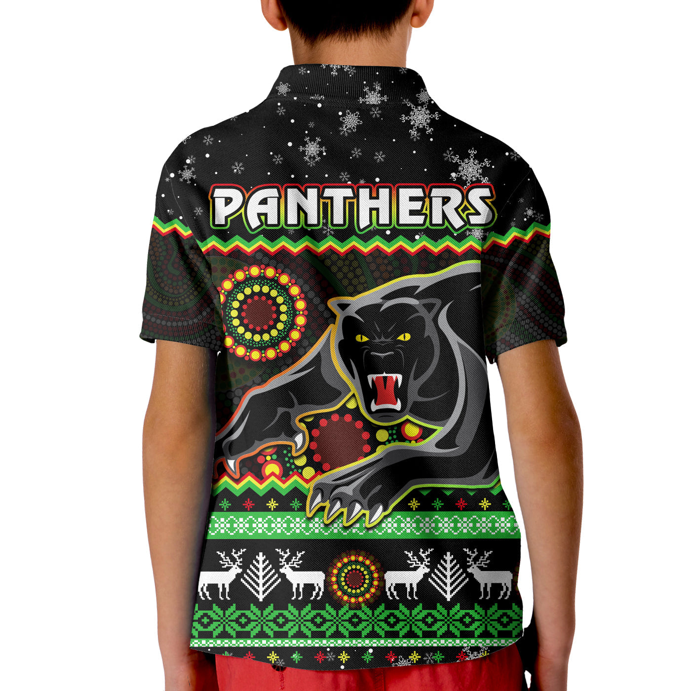 Panthers Christmas Polo Shirt KID Aboriginal Pattern Penrith Black Version - Vibe Hoodie Shop