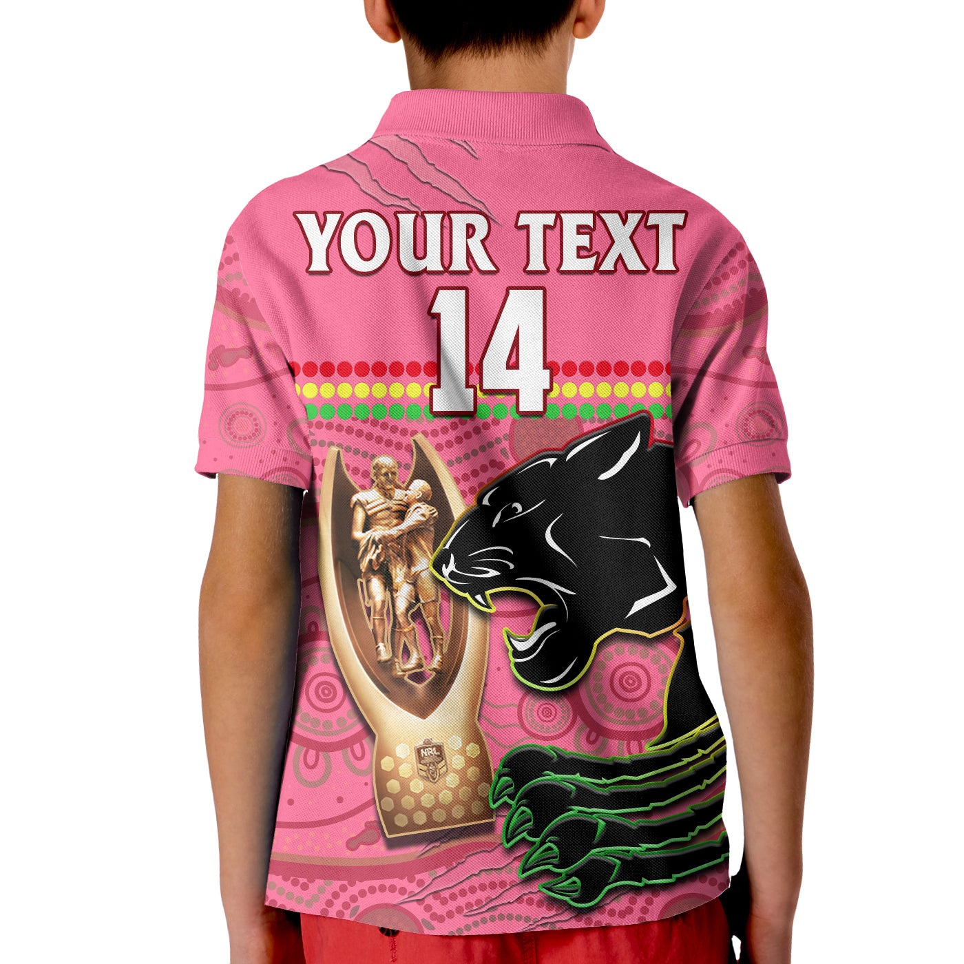 (Custom Text And Number) Panthers Rugby Polo Shirt KID The Riff 2022 Premiers Aboriginal Pink - Vibe Hoodie Shop