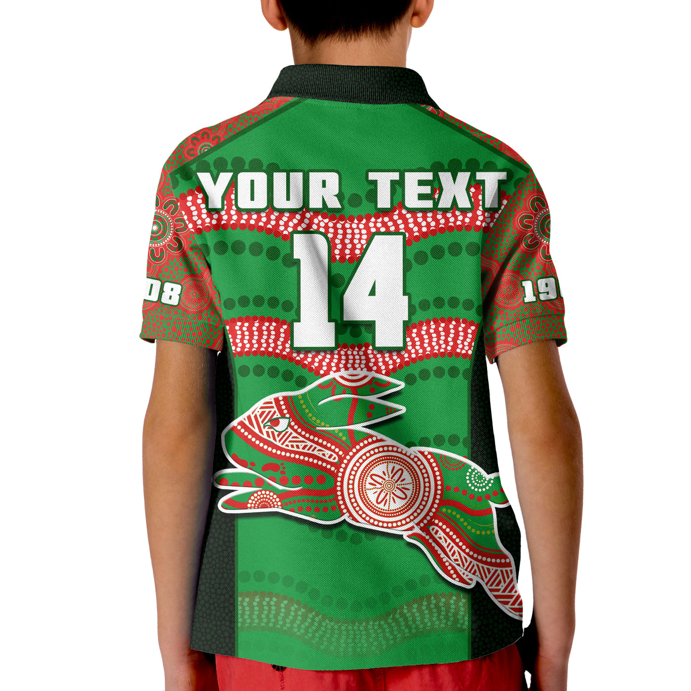 (Custom Text And Number) Rabbitohs Rugby Polo Shirt KID Souths 1908 Aboriginal Dot Painting Go Bunnies - Vibe Hoodie Shop