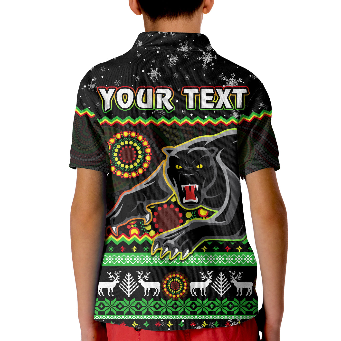(Custom Personalised) Panthers Christmas Polo Shirt Aboriginal Pattern Penrith Black Version - Vibe Hoodie Shop