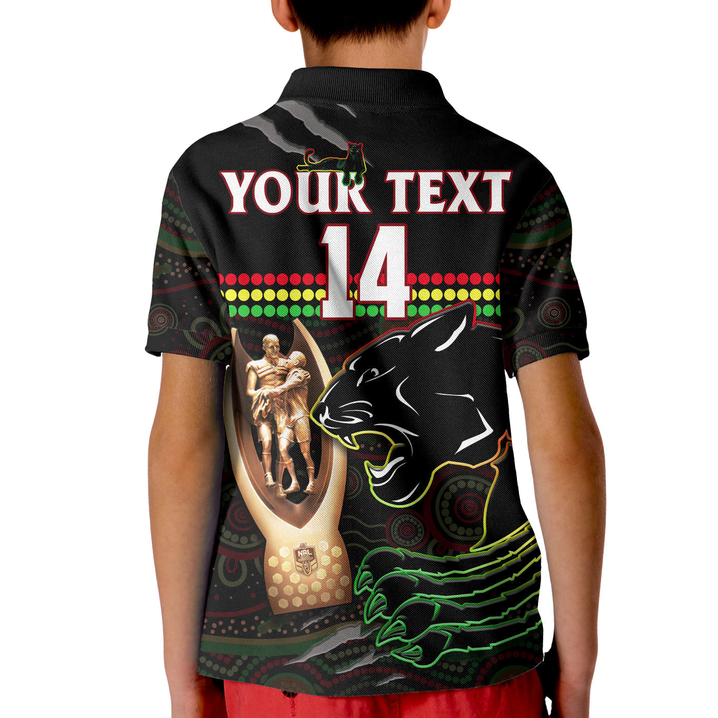 (Custom Text And Number) Panthers Rugby Polo Shirt KID The Riff 2022 Premiers Aboriginal Art - Vibe Hoodie Shop
