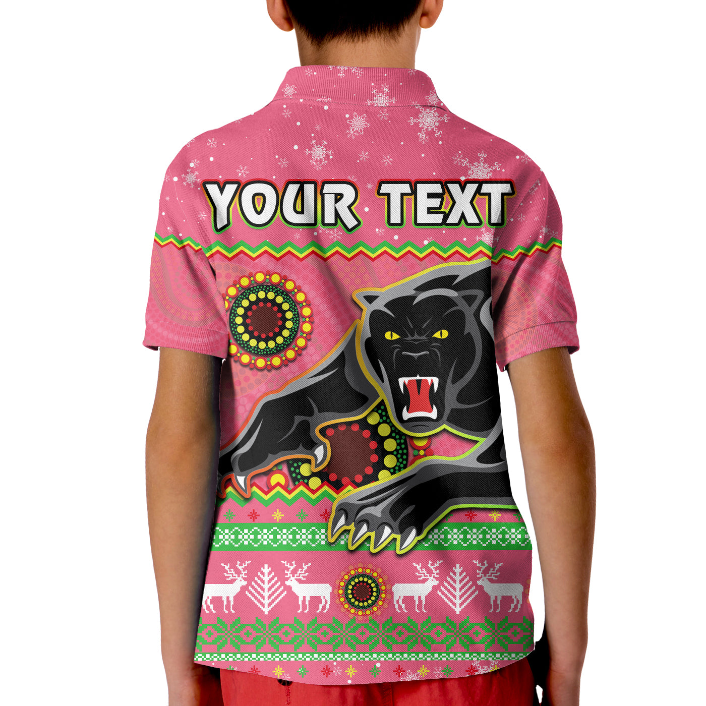 (Custom Personalised) Panthers Christmas Polo Shirt KID Aboriginal Pattern Penrith Pink Version - Vibe Hoodie Shop