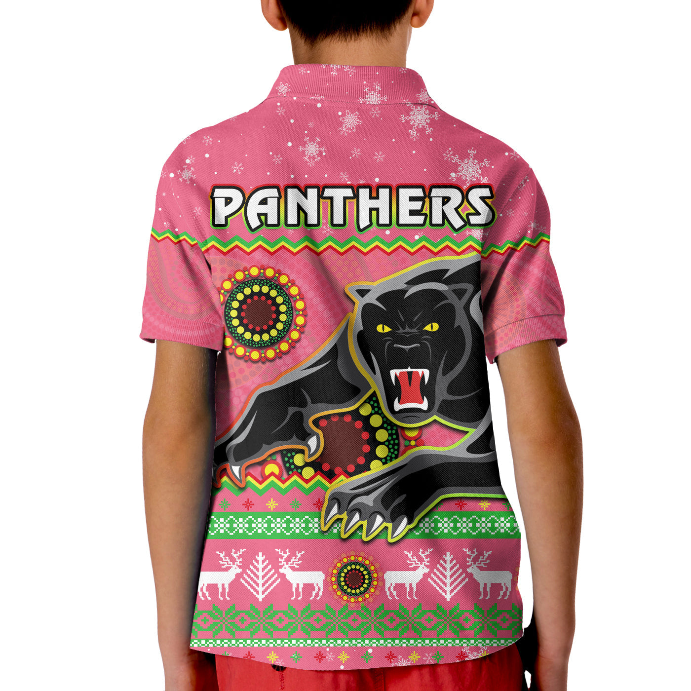 Panthers Christmas Polo Shirt KID Aboriginal Pattern Penrith Pink Version - Vibe Hoodie Shop