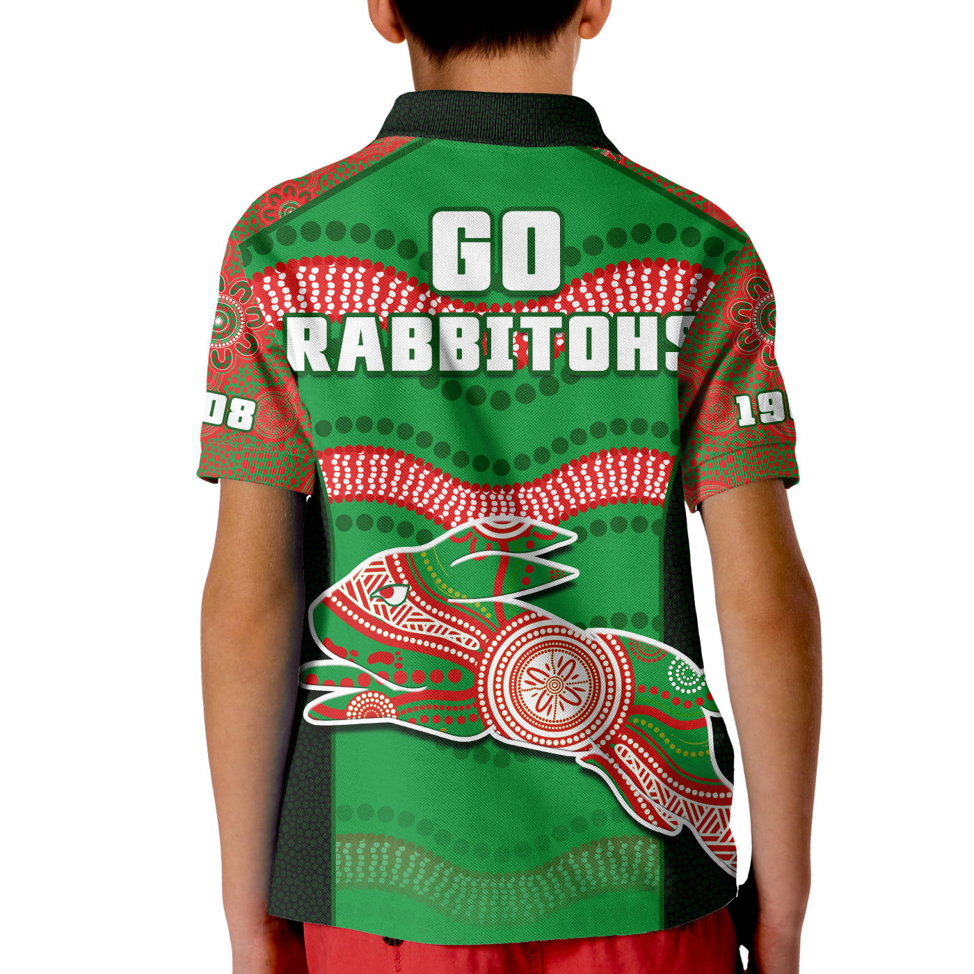 Rabbitohs Rugby Polo Shirt KID Souths 1908 Aboriginal Dot Painting Go Bunnies - Vibe Hoodie Shop