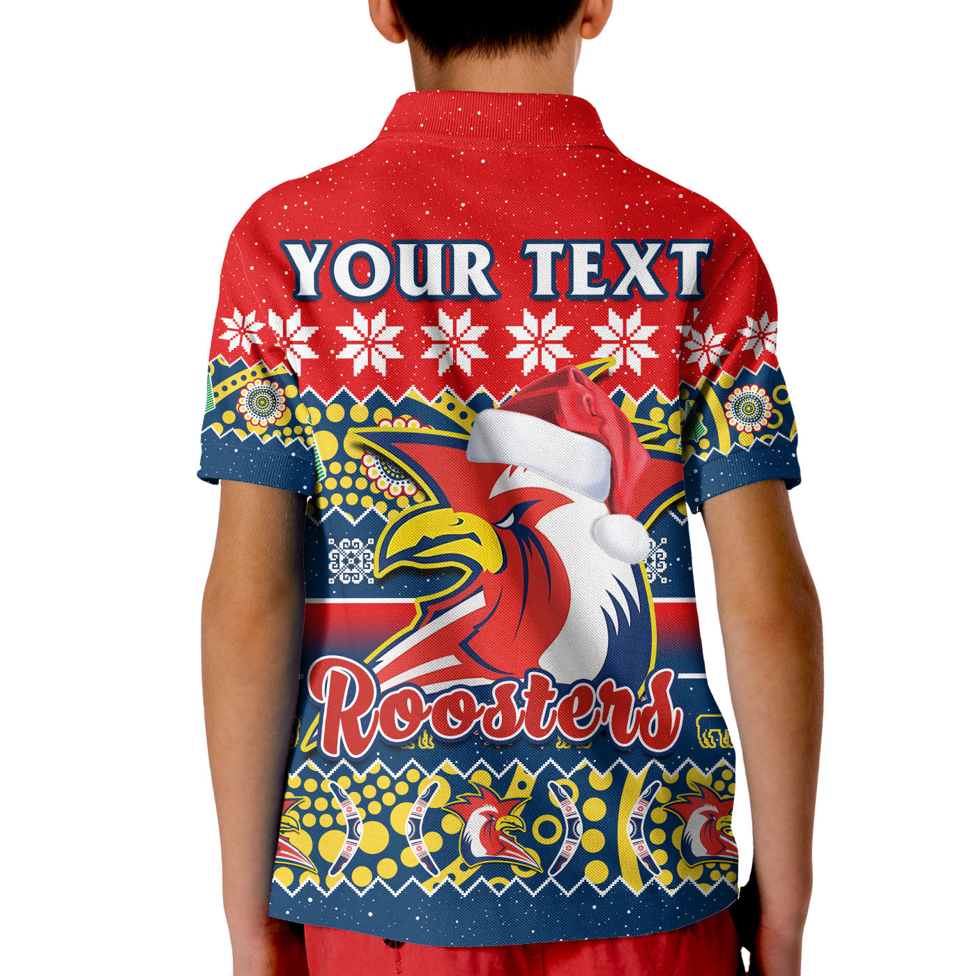 custom-personalised-sydney-roosters-christmas-polo-shirt-kid-easts-aboriginal-art-merry-xmas