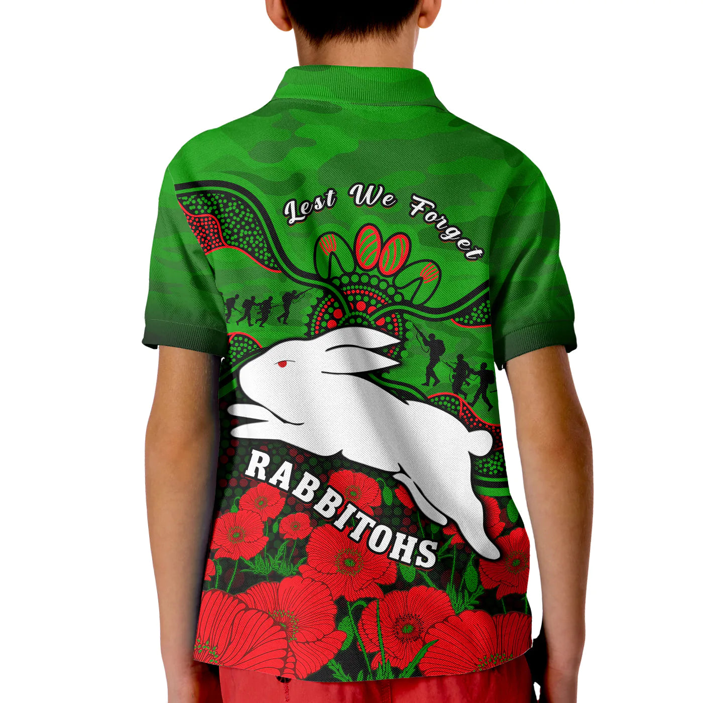 Rabbitohs Rugby ANZAC Polo Shirt KID South Sydney Camouflage Poppy Aboriginal - Vibe Hoodie Shop