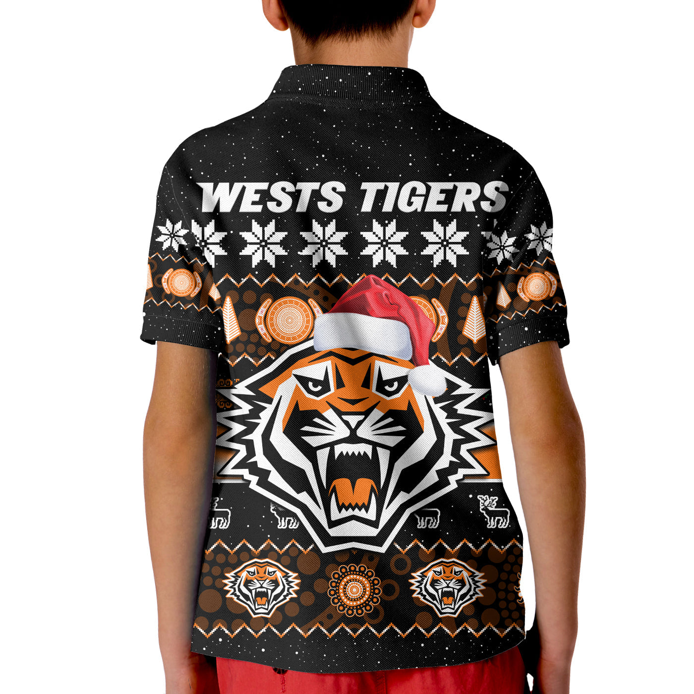 wests-tigers-christmas-polo-shirt-kid-aboriginal-art-merry-xmas