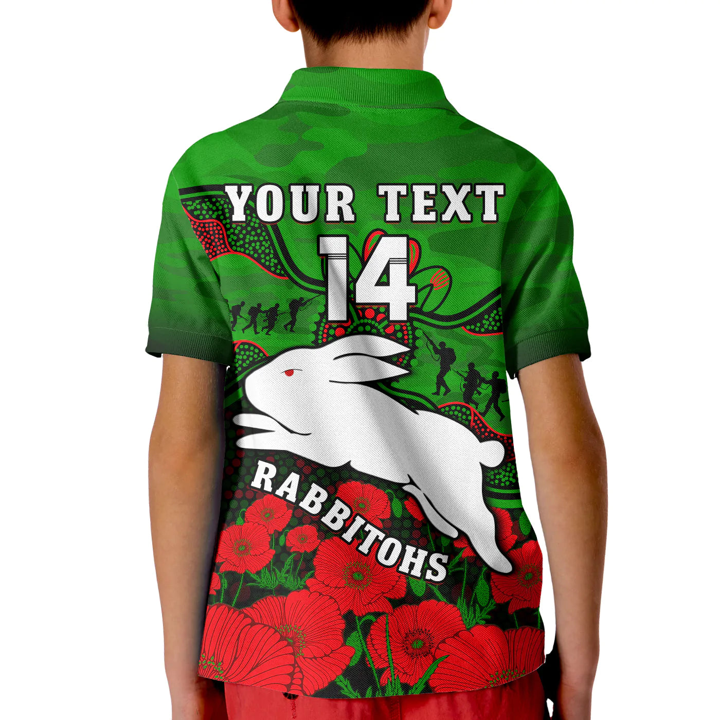 (Custom Text And Number) Rabbitohs Rugby ANZAC Polo Shirt KID South Sydney Camouflage Poppy Aboriginal - Vibe Hoodie Shop