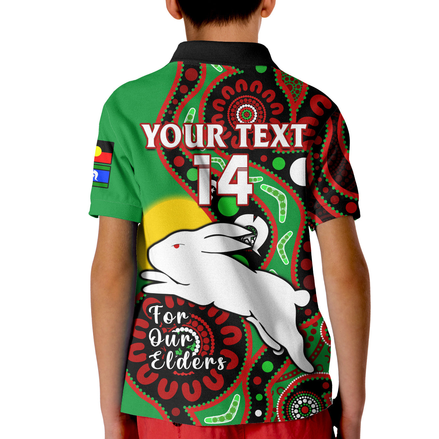 (Custom Text And Number) Rabbitohs Rugby NAIDOC 2023 Polo Shirt KID For Our Elders Aboriginal - Vibe Hoodie Shop