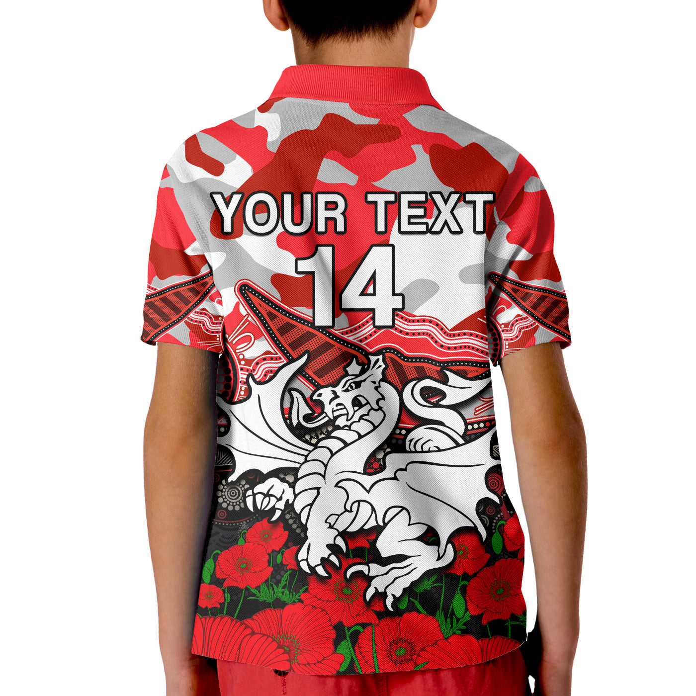 custom-text-and-number-dragons-rugby-anzac-2023-polo-shirt-kid-aboriginal-mix-poppy-lest-we-forget