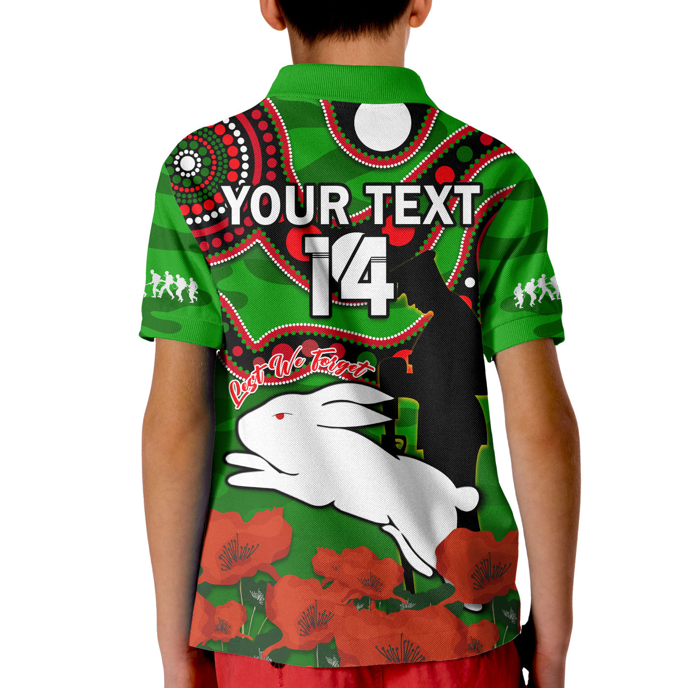 (Custom Text And Number) Rabbitohs Rugby ANZAC 2023 Polo Shirt KID Lest We Forget - Vibe Hoodie Shop
