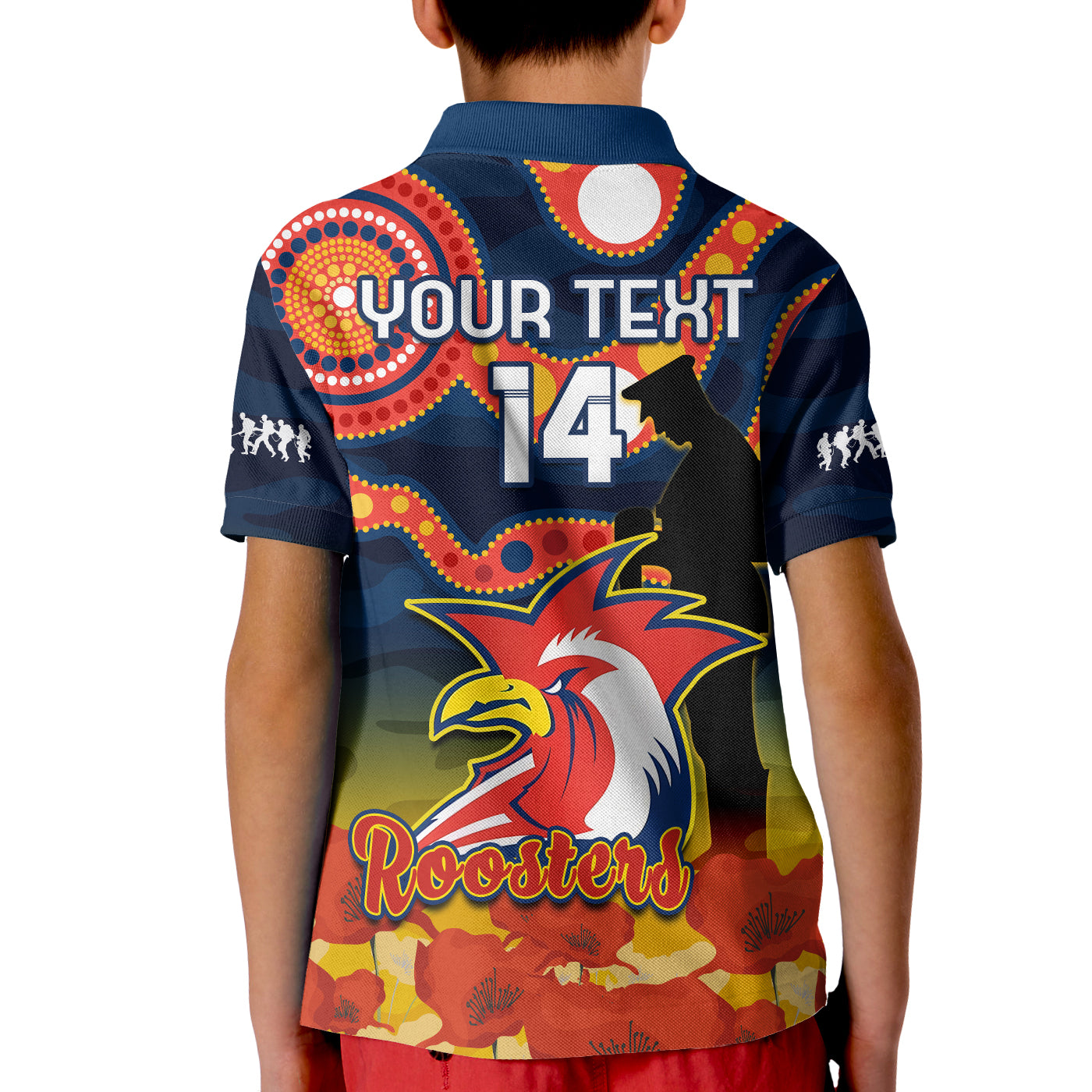 custom-text-and-number-roosters-rugby-anzac-2023-polo-shirt-kid-dots-poppy-mix-camouflage-lest-we-forget