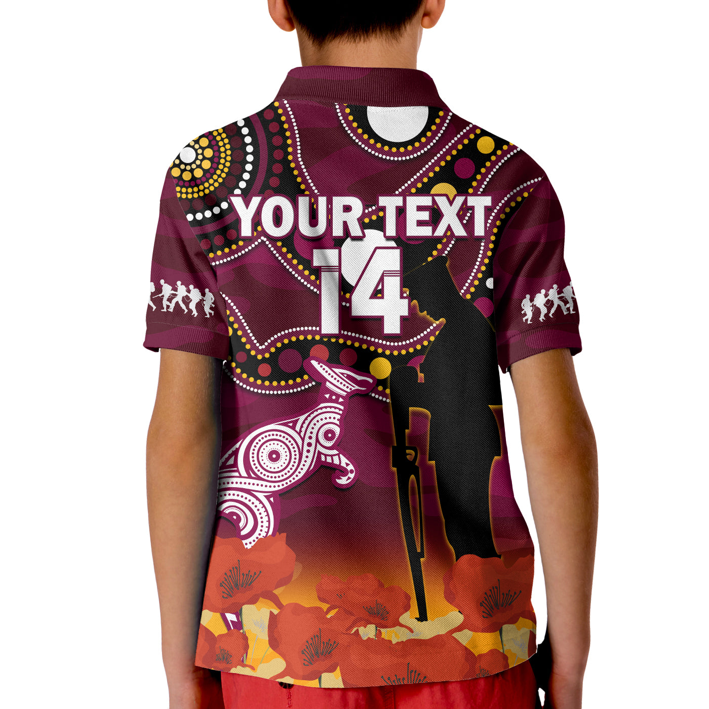 (Custom Text And Number) Maroons Rugby ANZAC 2023 Polo Shirt KID QLD Aboriginal Mix Poppy Camouflage - Vibe Hoodie Shop