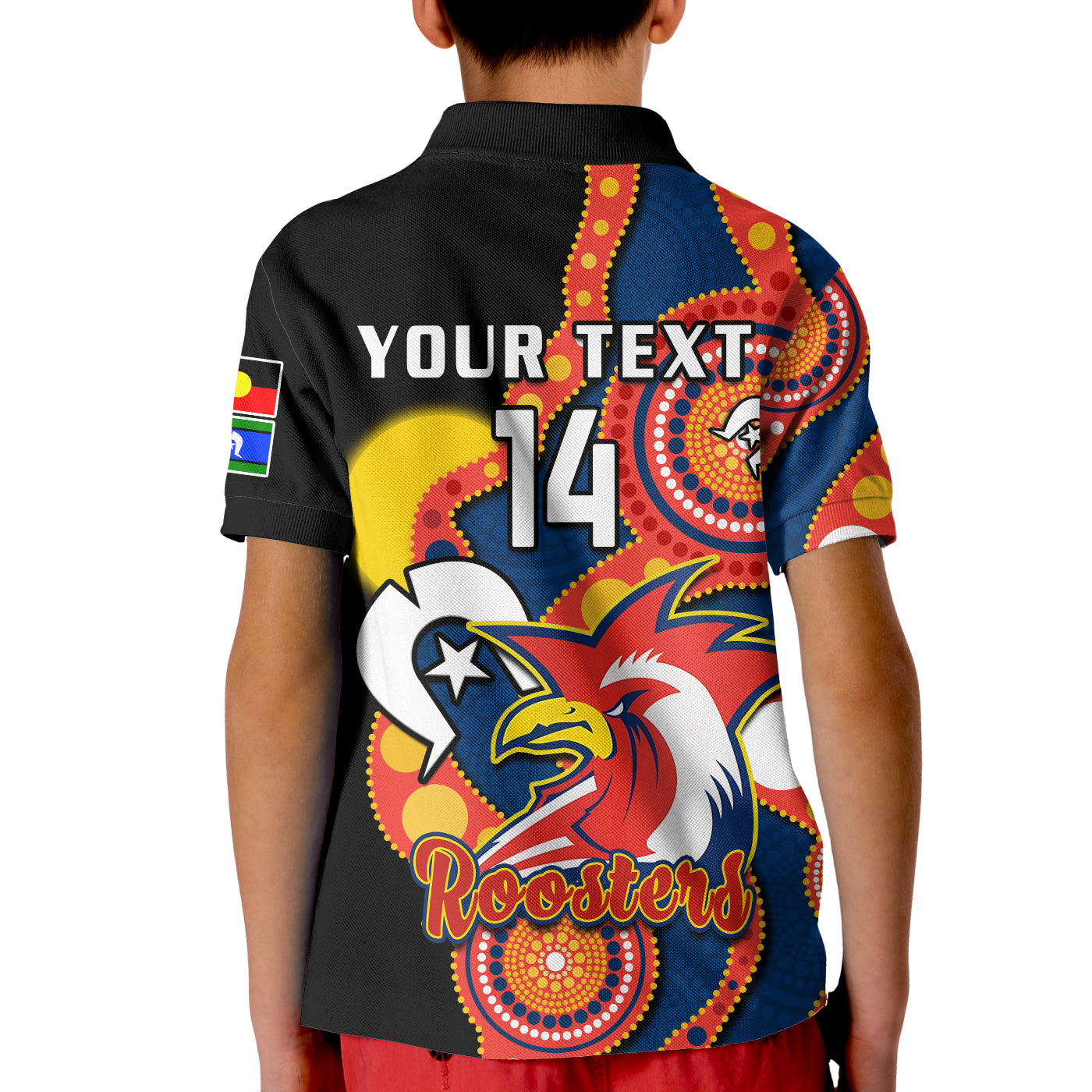 custom-text-and-number-roosters-rugby-naidoc-2023-polo-shirt-kid-tricolours-for-our-elders-indigenous-art