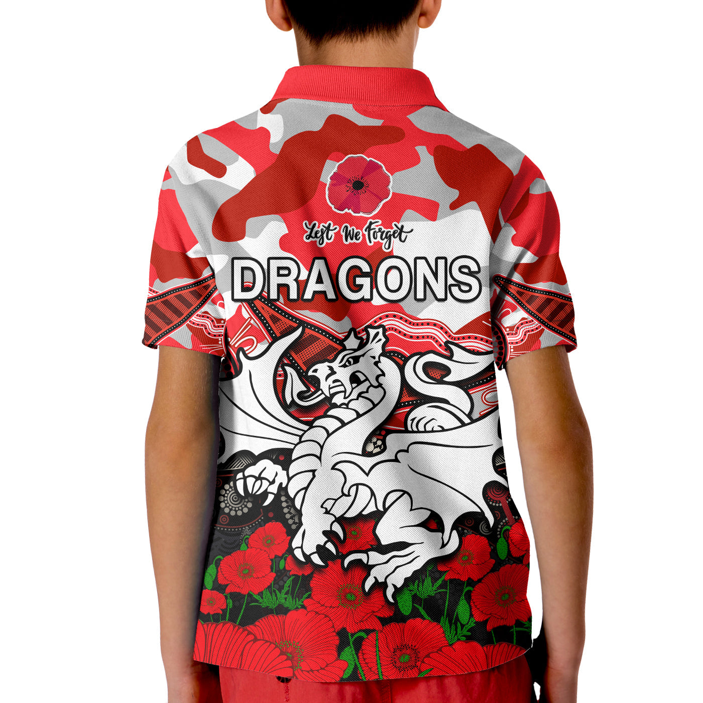 dragons-rugby-anzac-2023-polo-shirt-kid-aboriginal-mix-poppy-lest-we-forget