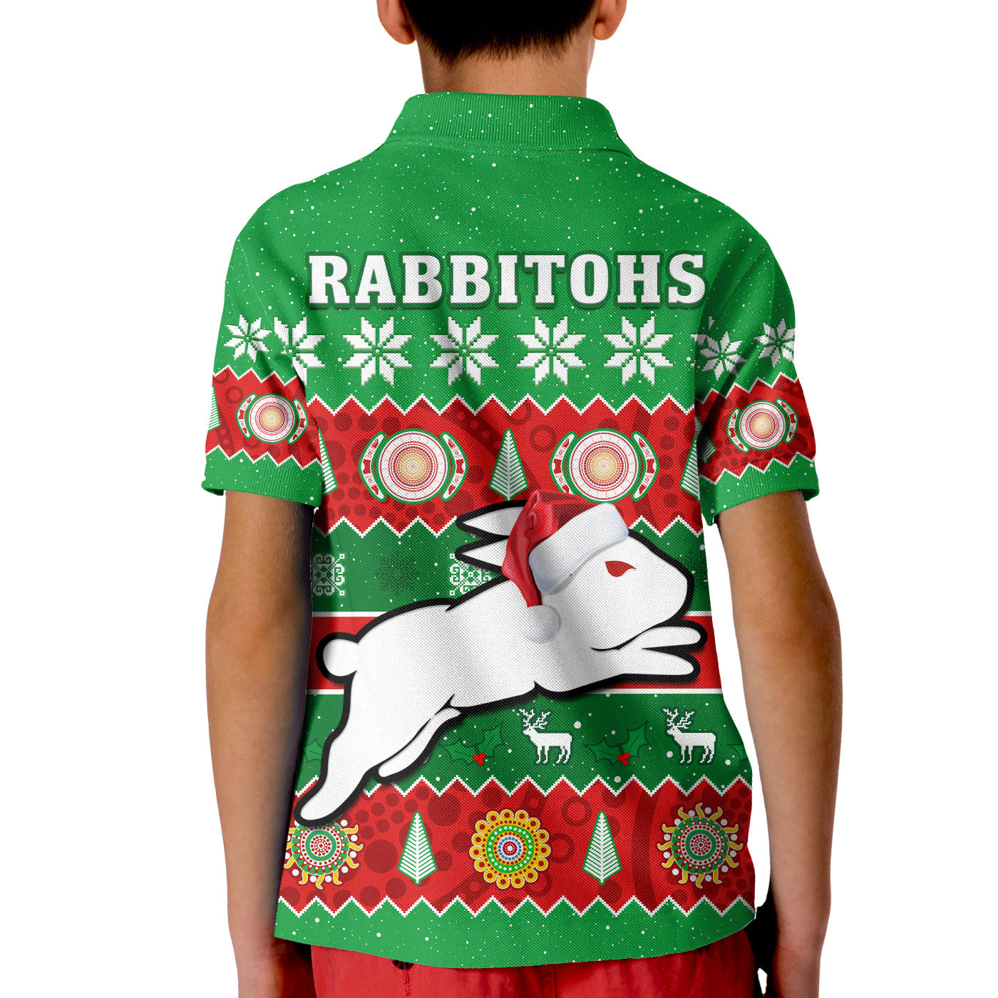 Rabbitohs Christmas Polo Shirt Souths Aboriginal Art Merry Xmas - Vibe Hoodie Shop