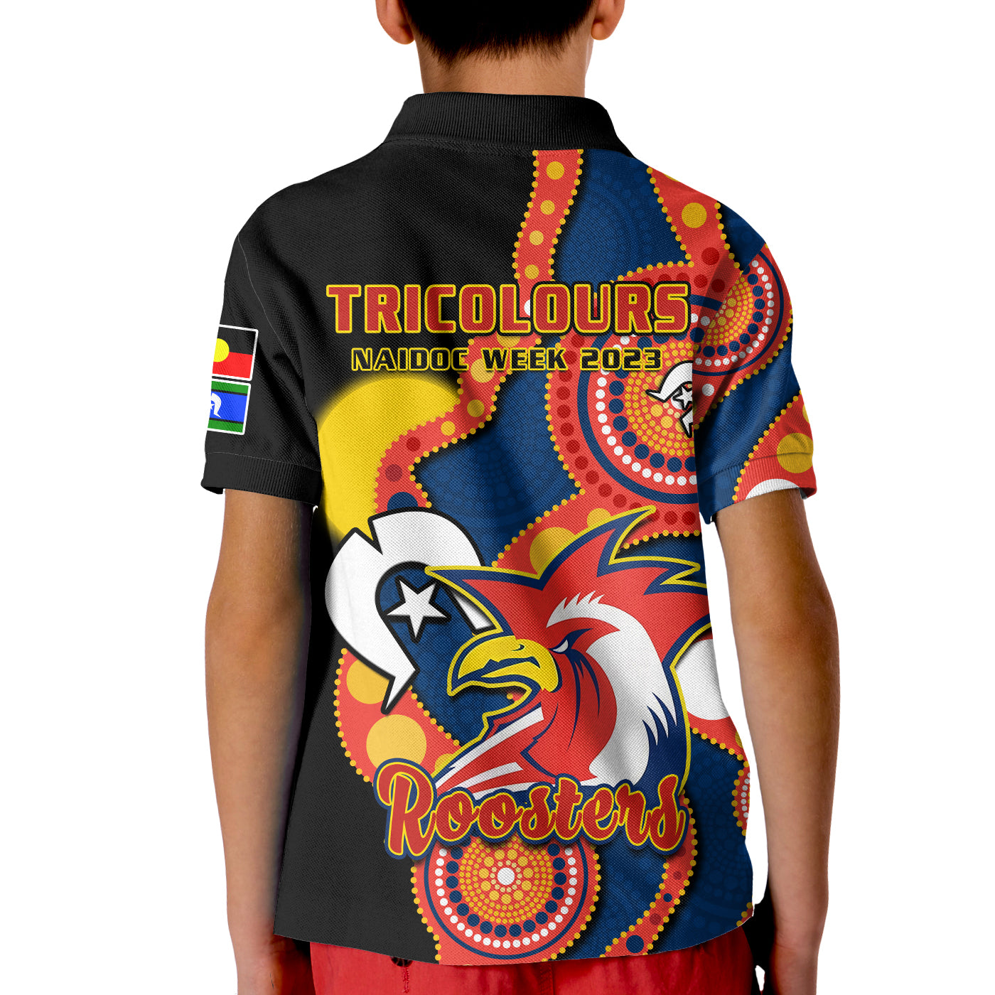 roosters-rugby-naidoc-2023-polo-shirt-kid-tricolours-for-our-elders-indigenous-art