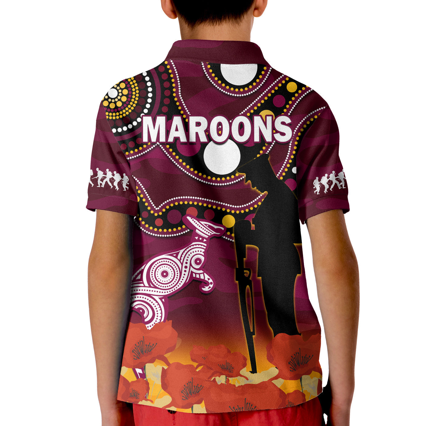 Maroons Rugby ANZAC 2023 Polo Shirt KID QLD Aboriginal Mix Poppy Camouflage - Vibe Hoodie Shop