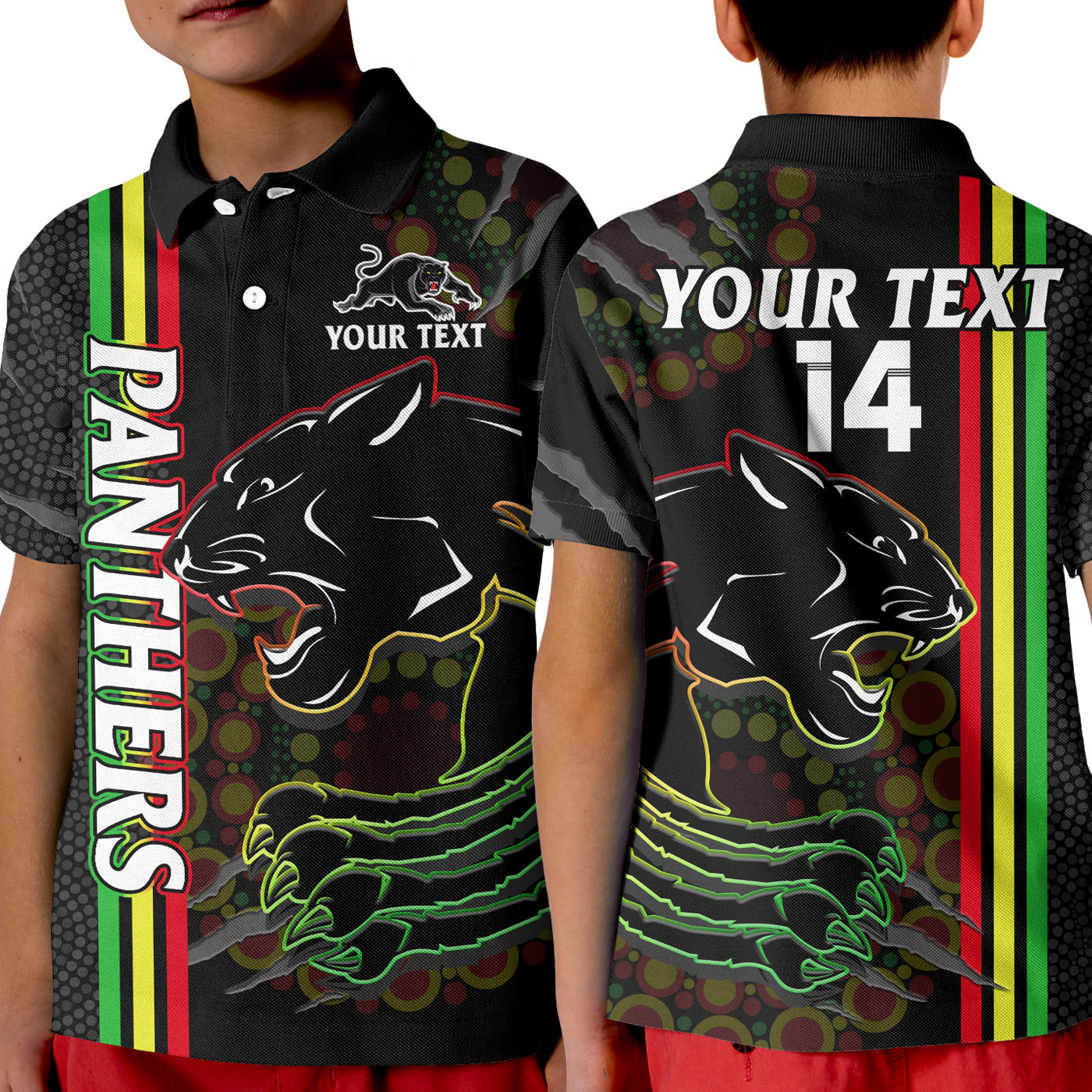 (Custom Text And Number) Panthers Rugby Polo Shirt KID The Mountain Men Aboriginal Art Dynamic - Vibe Hoodie Shop