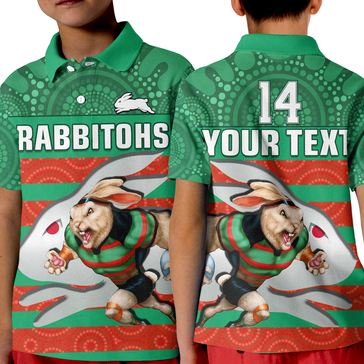 (Custom Text And Number) Rabbitohs Rugby Polo Shirt KID Aboriginal Dot Painting Glory Glory Sporty Style - Vibe Hoodie Shop