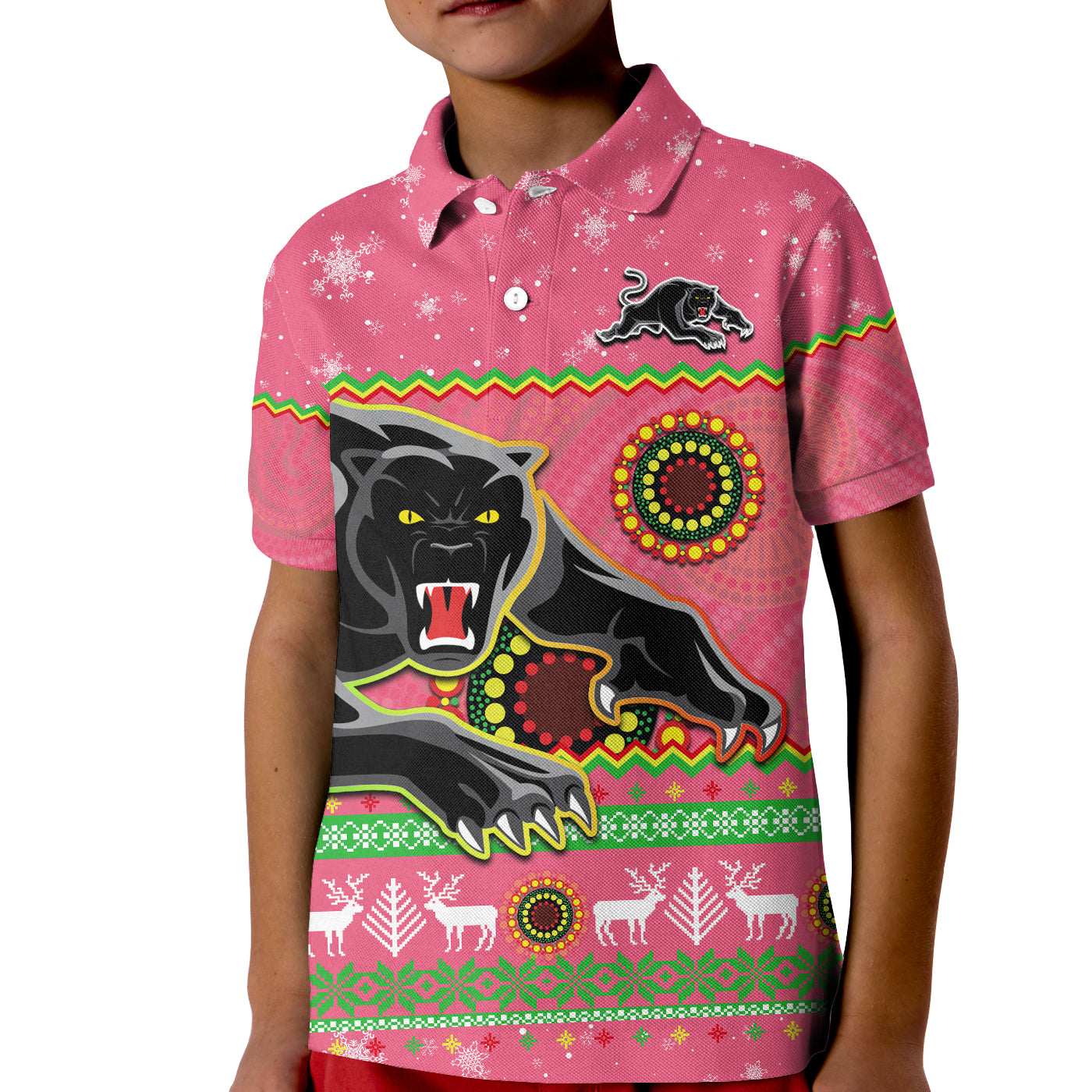 (Custom Personalised) Panthers Christmas Polo Shirt KID Aboriginal Pattern Penrith Pink Version - Vibe Hoodie Shop