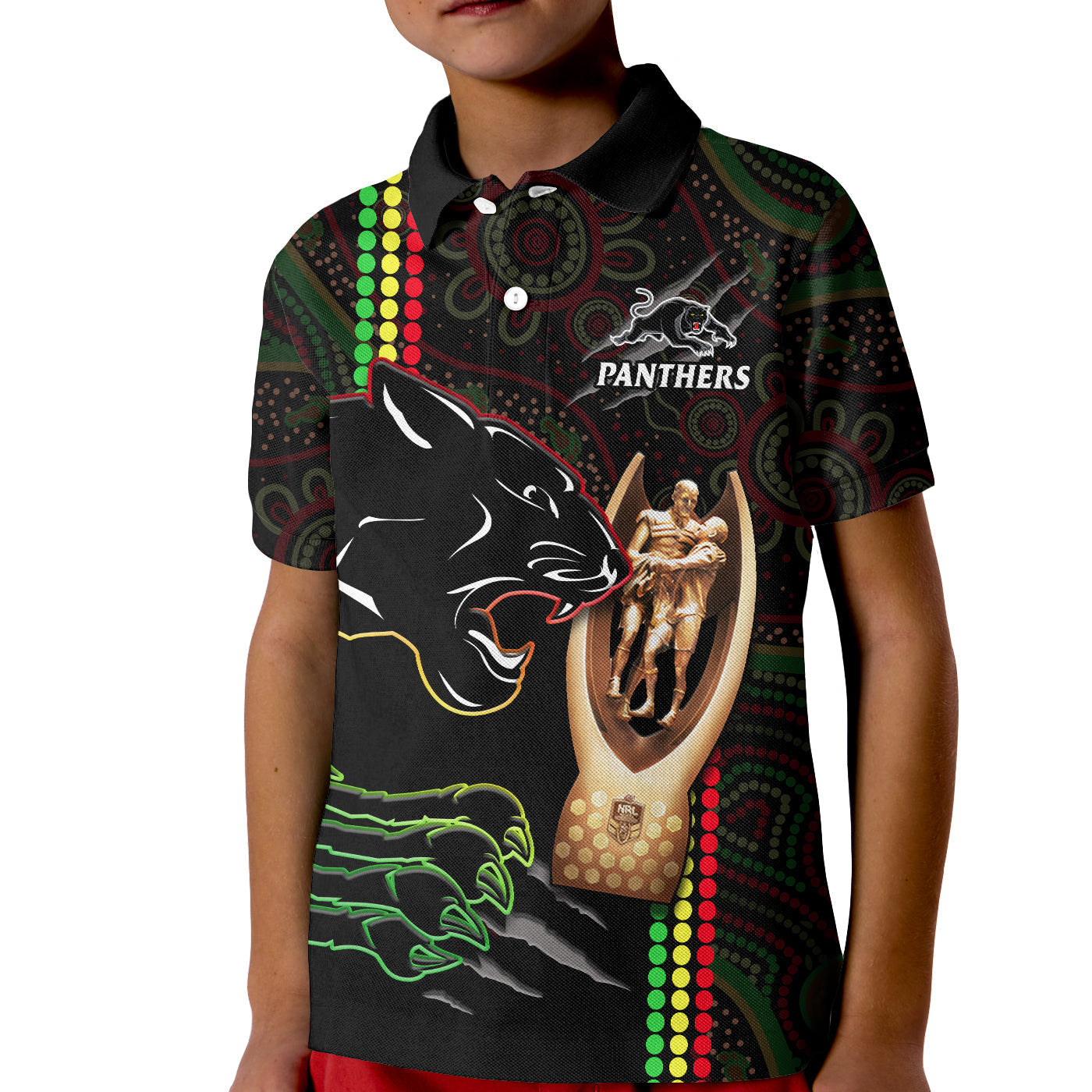 Panthers Rugby Polo Shirt KID The Riff 2022 Premiers Aboriginal Art - Vibe Hoodie Shop