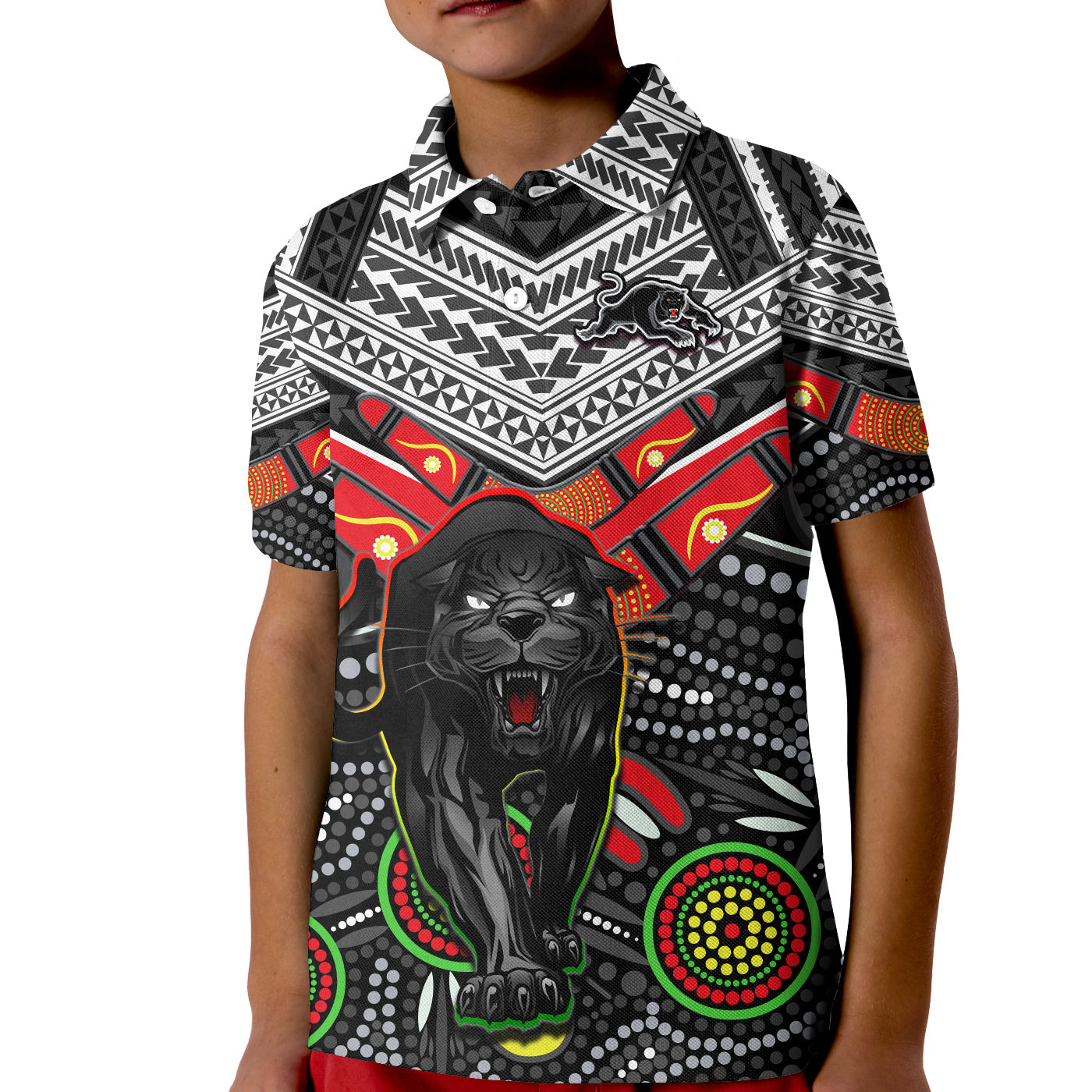 Panthers Rugby Polo Shirt KID Aboriginal and Polynesia Penrith The Riff - Vibe Hoodie Shop