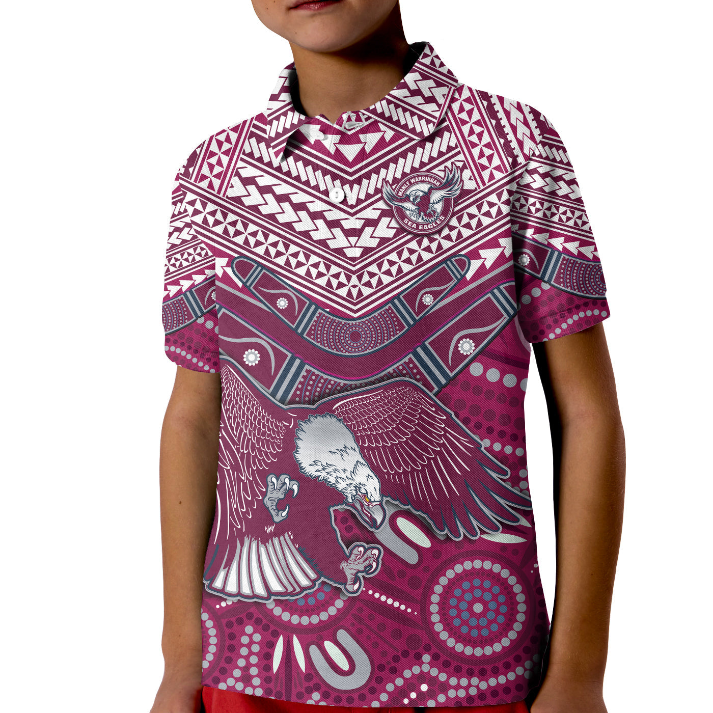 (Custom Text and Number) Sea Eagles Rugby Polo Shirt KID Aboriginal and Polynesia Manly Warringah - Vibe Hoodie Shop