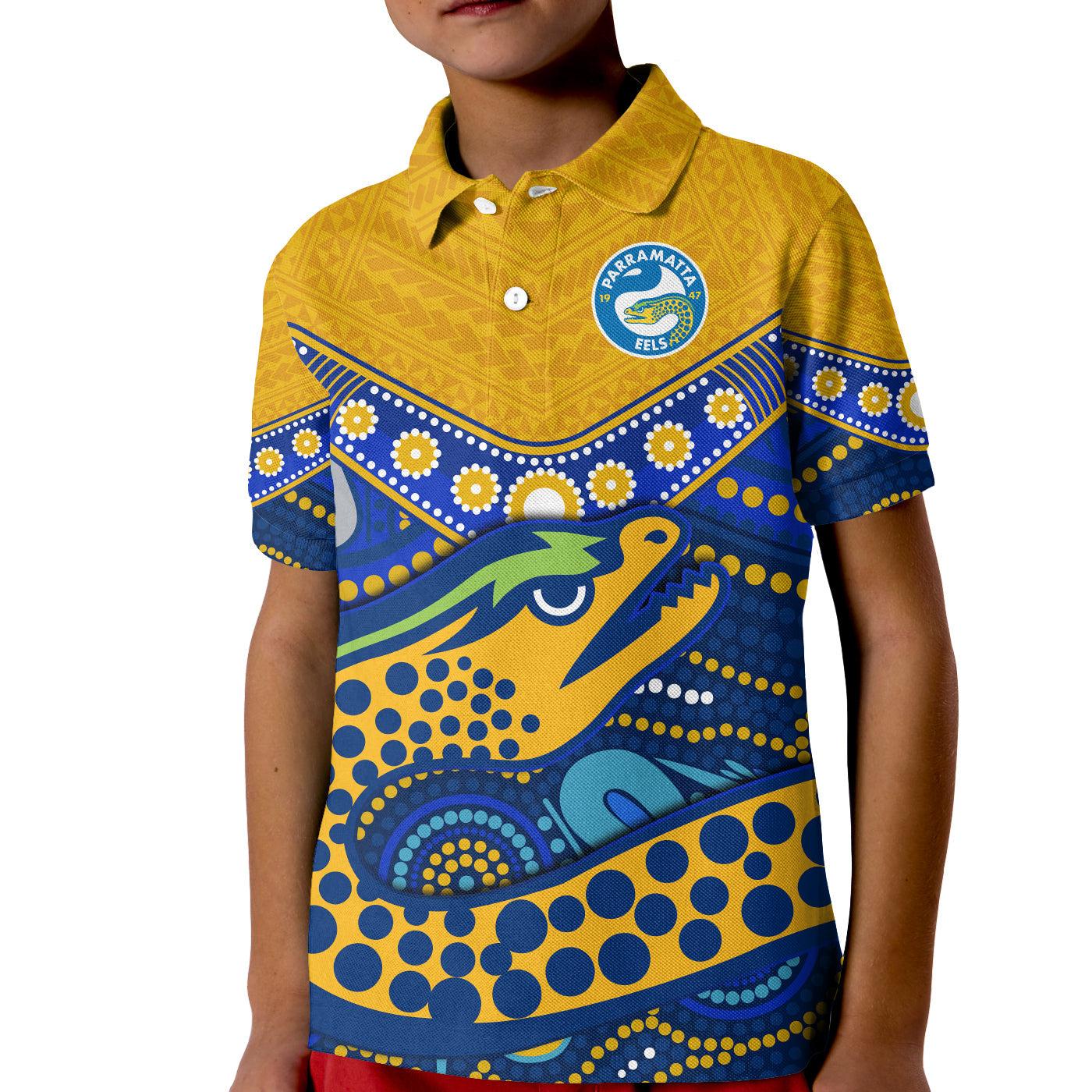 (Custom Text and Number) Eels Rugby Polo Shirt KID Aboriginal and Polynesia Parramatta - Vibe Hoodie Shop