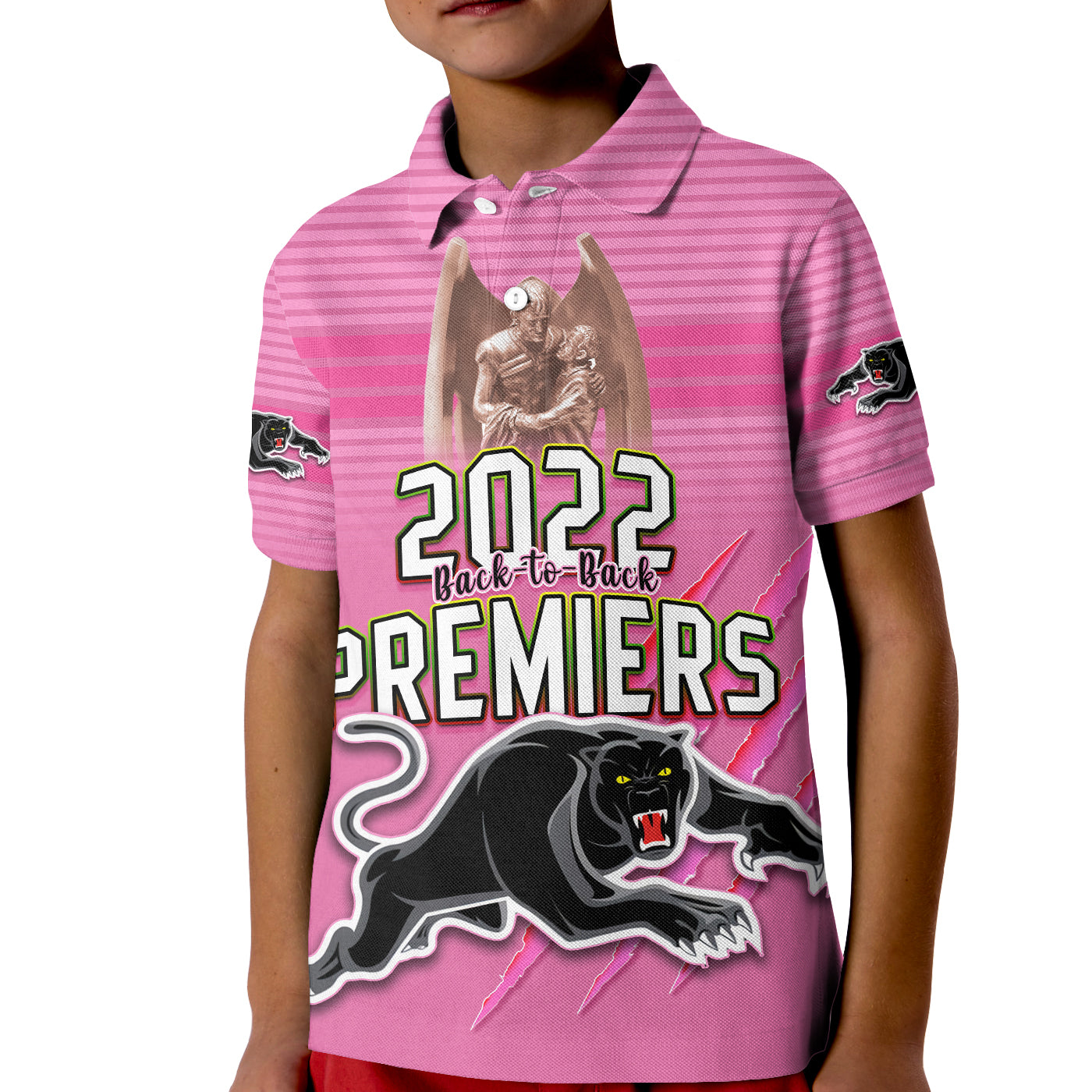 Custom Text and Number Panthers Proud Polo Shirt Back to Back Premiers 2022 Version Pink - Vibe Hoodie Shop