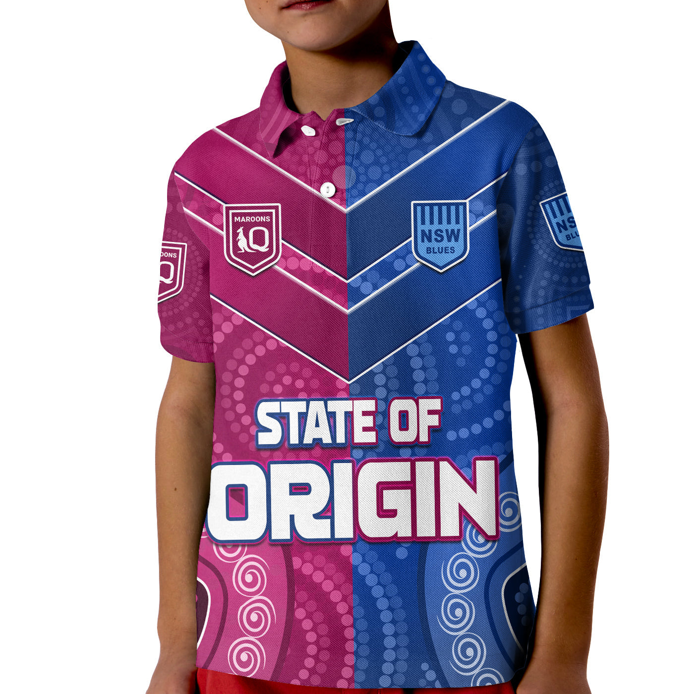 (Custom Text and Number) Blues and Maroons Rugby Polo Shirt KID Origin NSW Combine Queensland Aboriginal Australian - Vibe Hoodie Shop