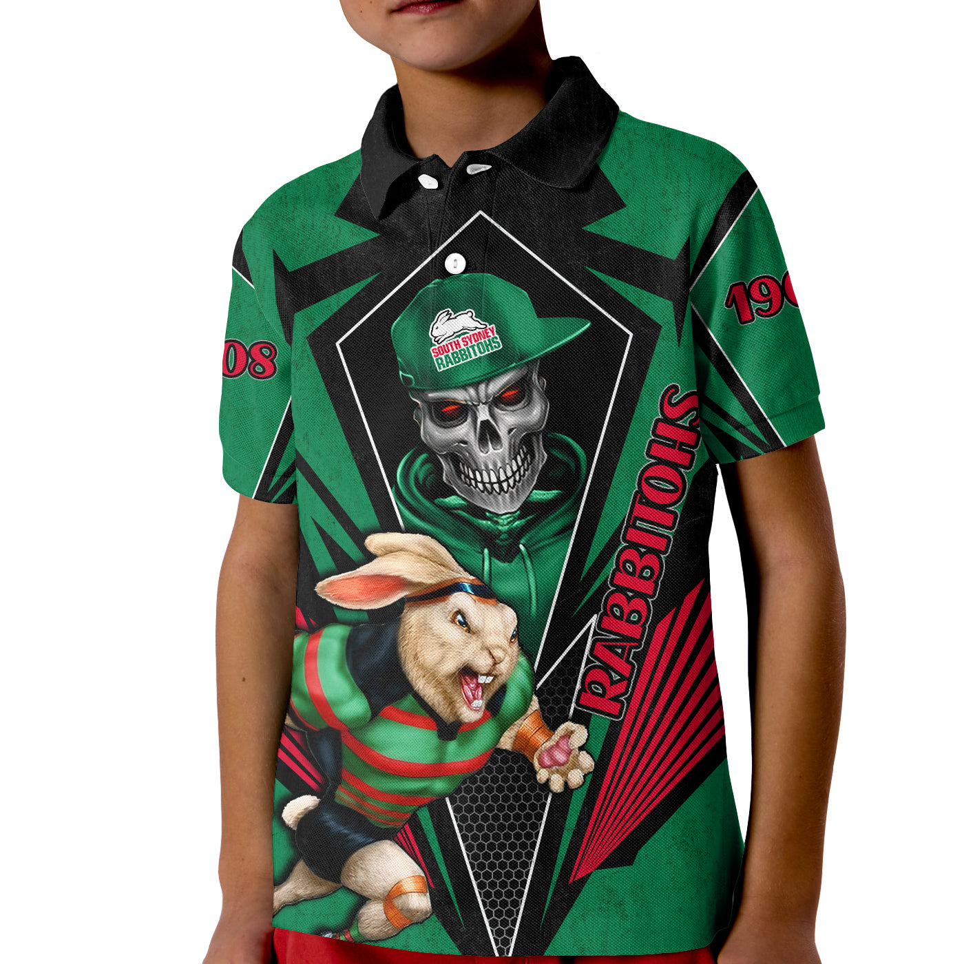 (Custom Personalised) Rabbitohs Rugby Polo Shirt KID Mascot South Sydney Since 1908 Cool Skull - Vibe Hoodie Shop