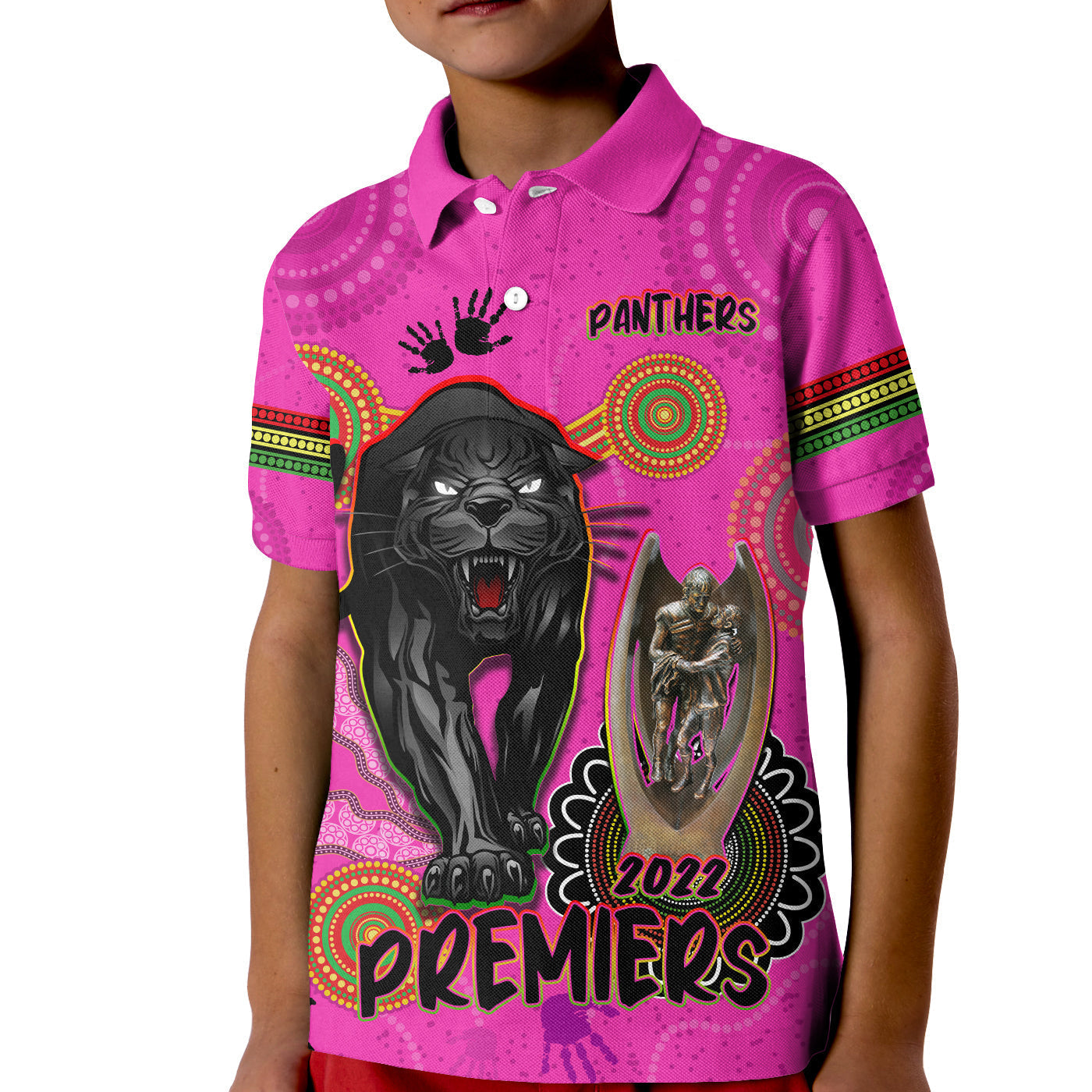 (Custom Text and Number) Panthers Polo Shirt KID Aboriginal Premiers 2022 We Are The Champions With Trophy - Vibe Hoodie Shop