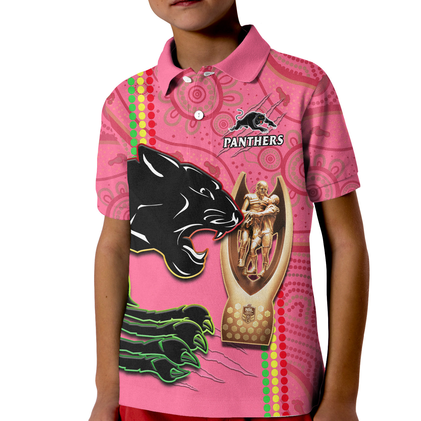 (Custom Text And Number) Panthers Rugby Polo Shirt KID The Riff 2022 Premiers Aboriginal Pink - Vibe Hoodie Shop