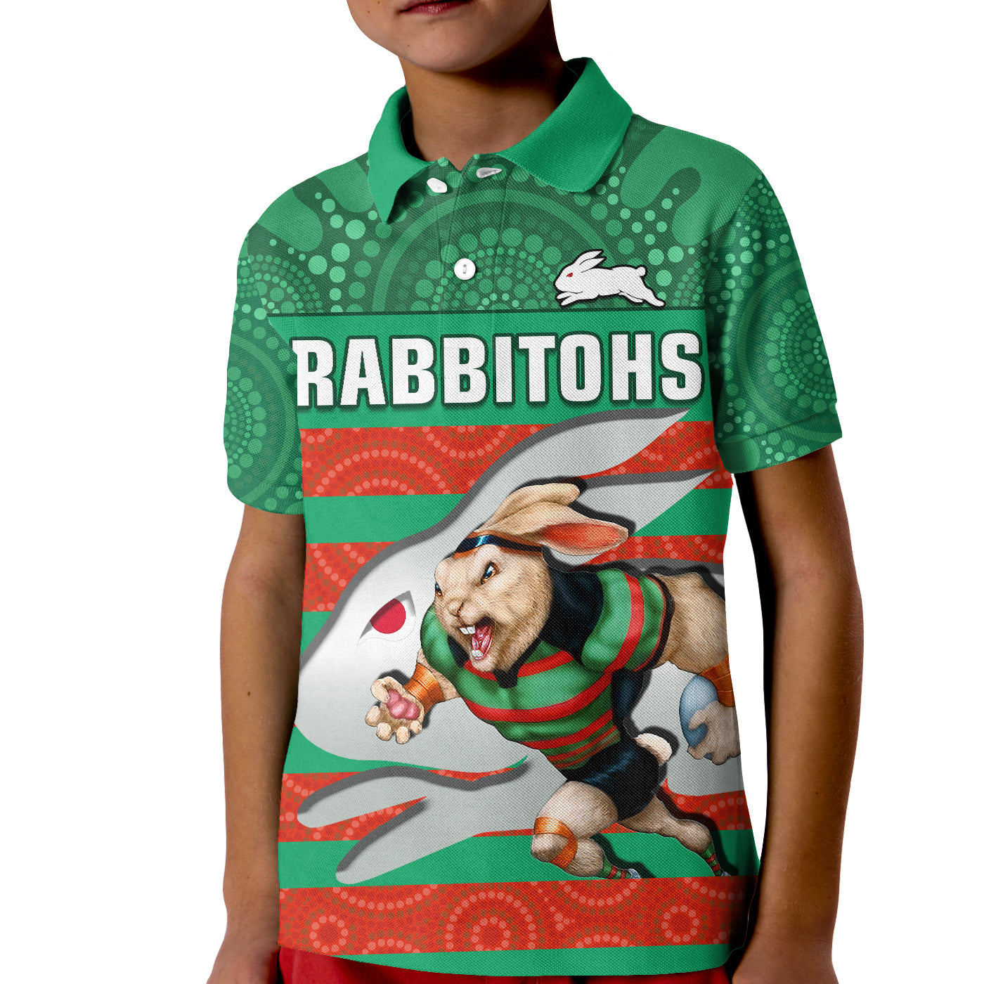 Rabbitohs Rugby Polo Shirt KID Aboriginal Dot Painting Glory Glory Sporty Style - Vibe Hoodie Shop
