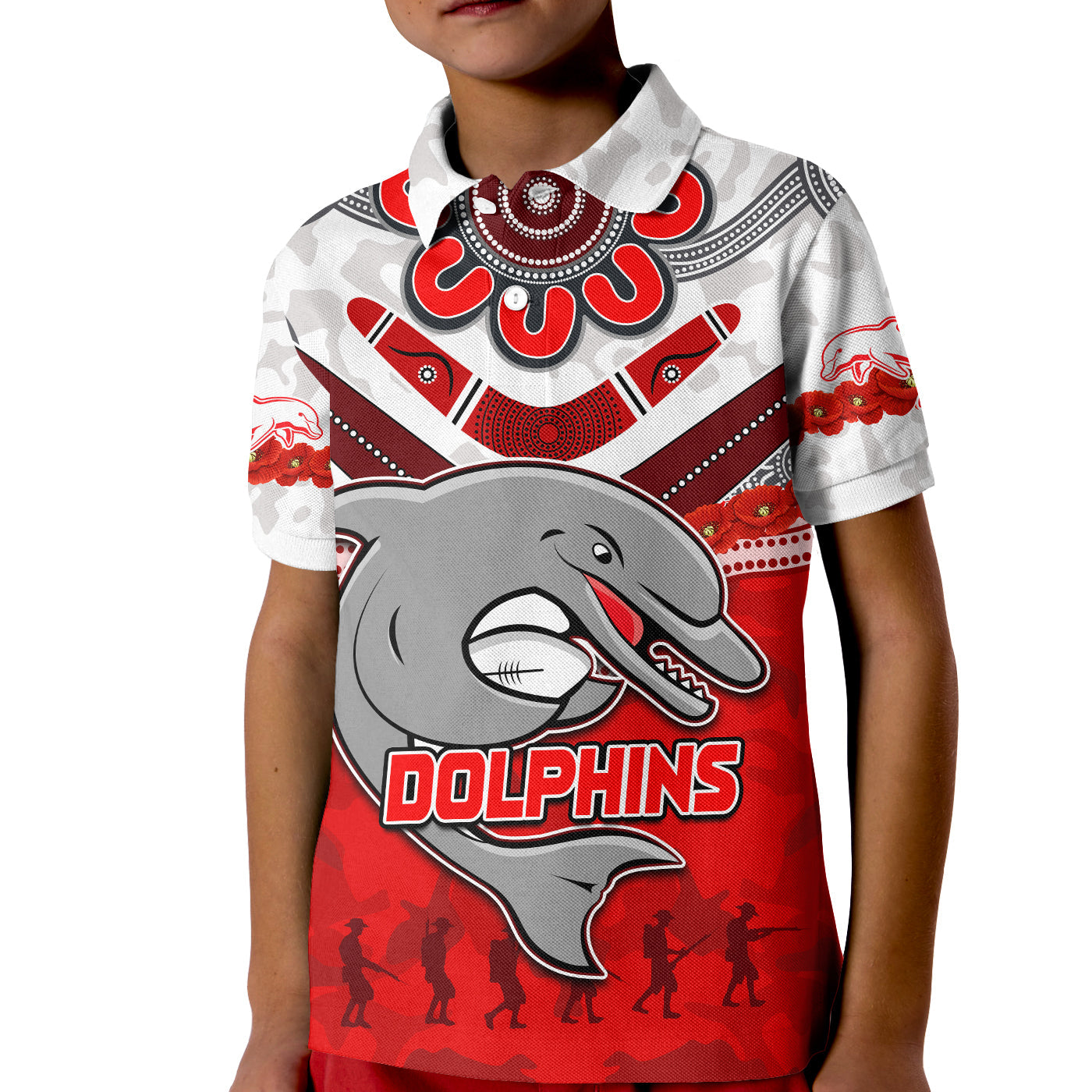 custom-text-and-number-dolphins-rugby-polo-shirt-kid-anzac-day-poppy-aboriginal