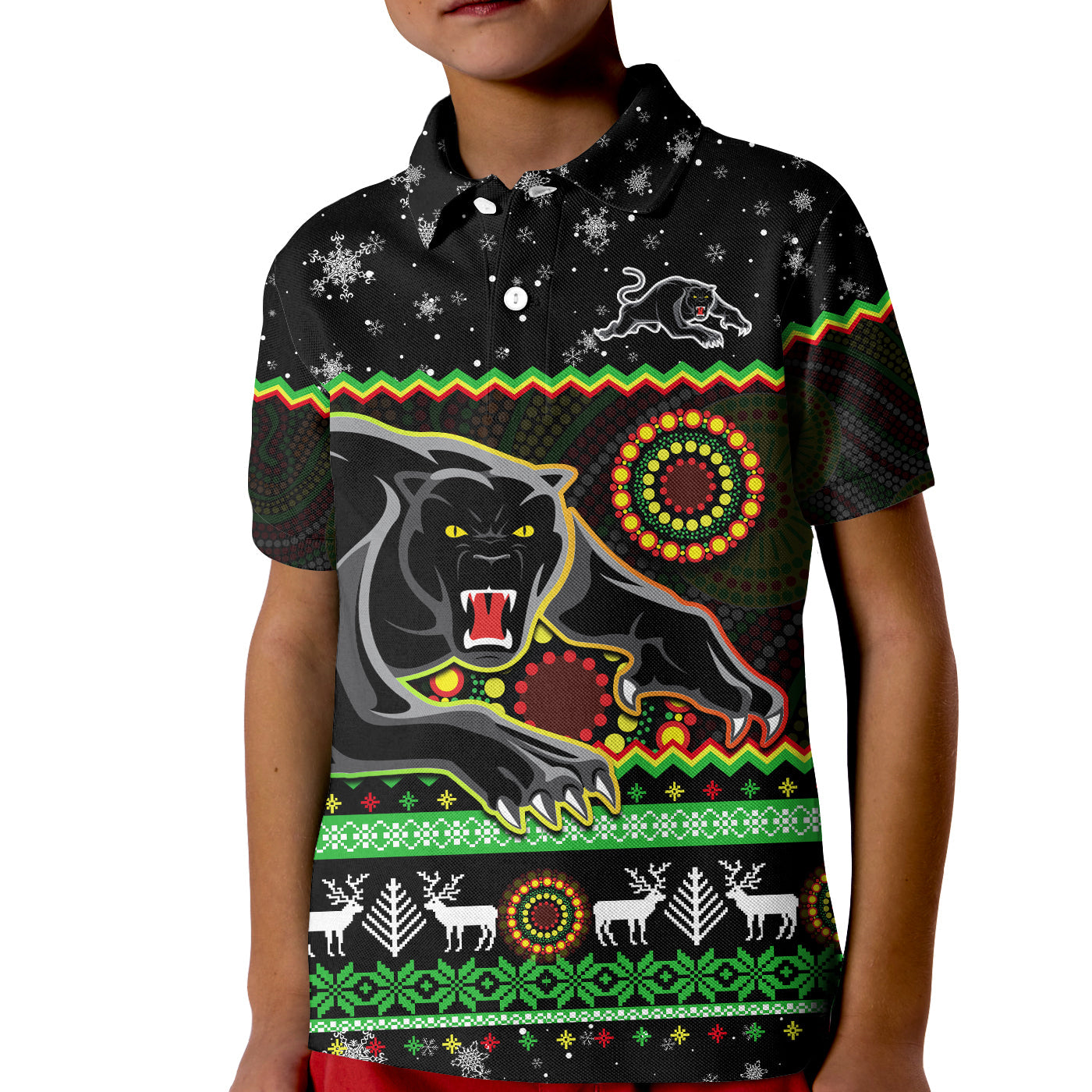 Panthers Christmas Polo Shirt KID Aboriginal Pattern Penrith Black Version - Vibe Hoodie Shop