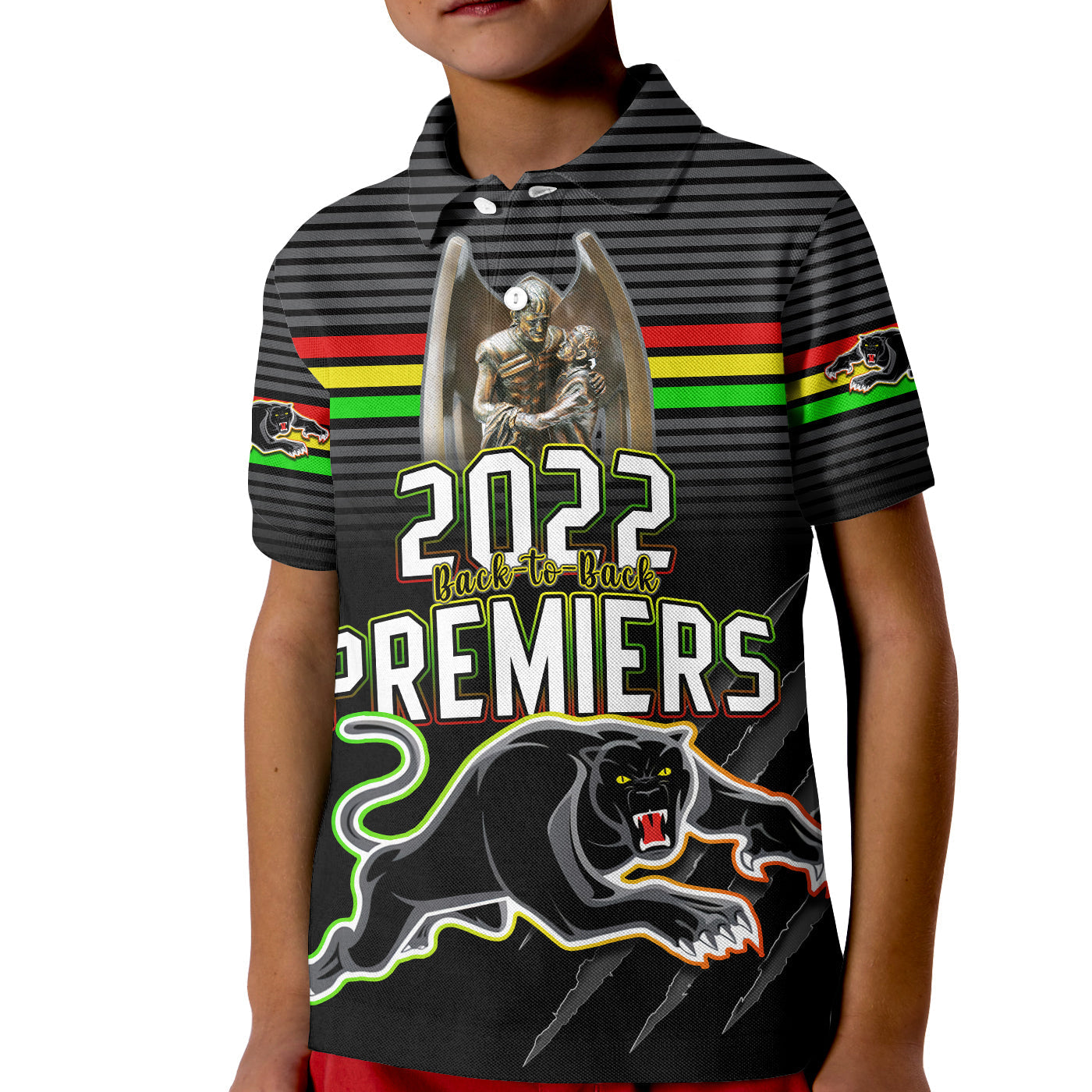 Custom Text and Number Panthers Proud Polo Shirt KID Back to Back Premiers 2022 Version Black - Vibe Hoodie Shop