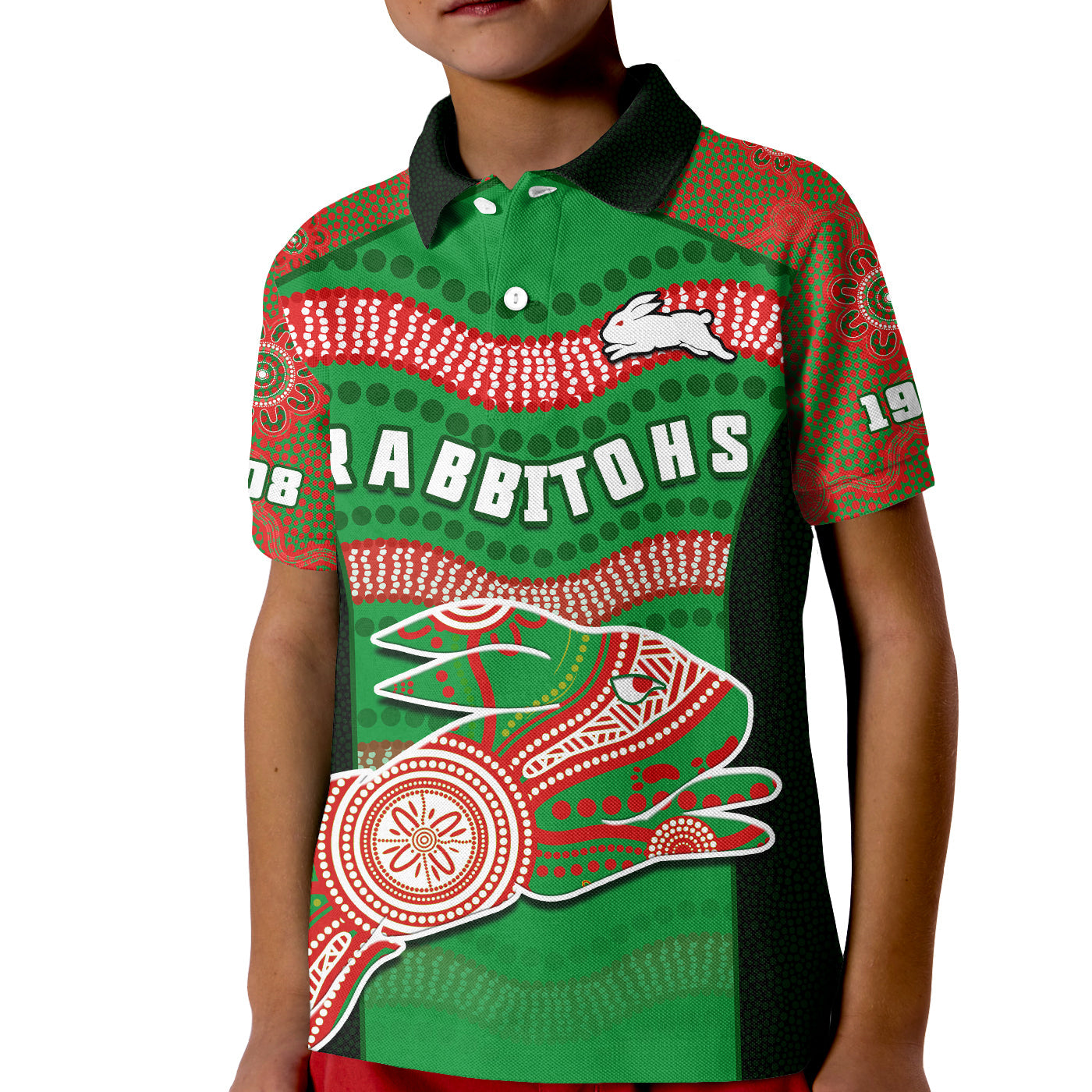 Rabbitohs Rugby Polo Shirt KID Souths 1908 Aboriginal Dot Painting Go Bunnies - Vibe Hoodie Shop
