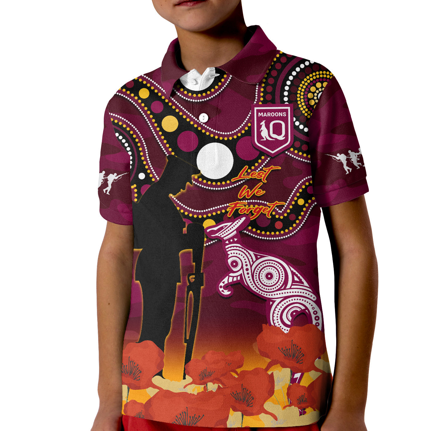 (Custom Text And Number) Maroons Rugby ANZAC 2023 Polo Shirt QLD Aboriginal Mix Poppy Camouflage - Vibe Hoodie Shop