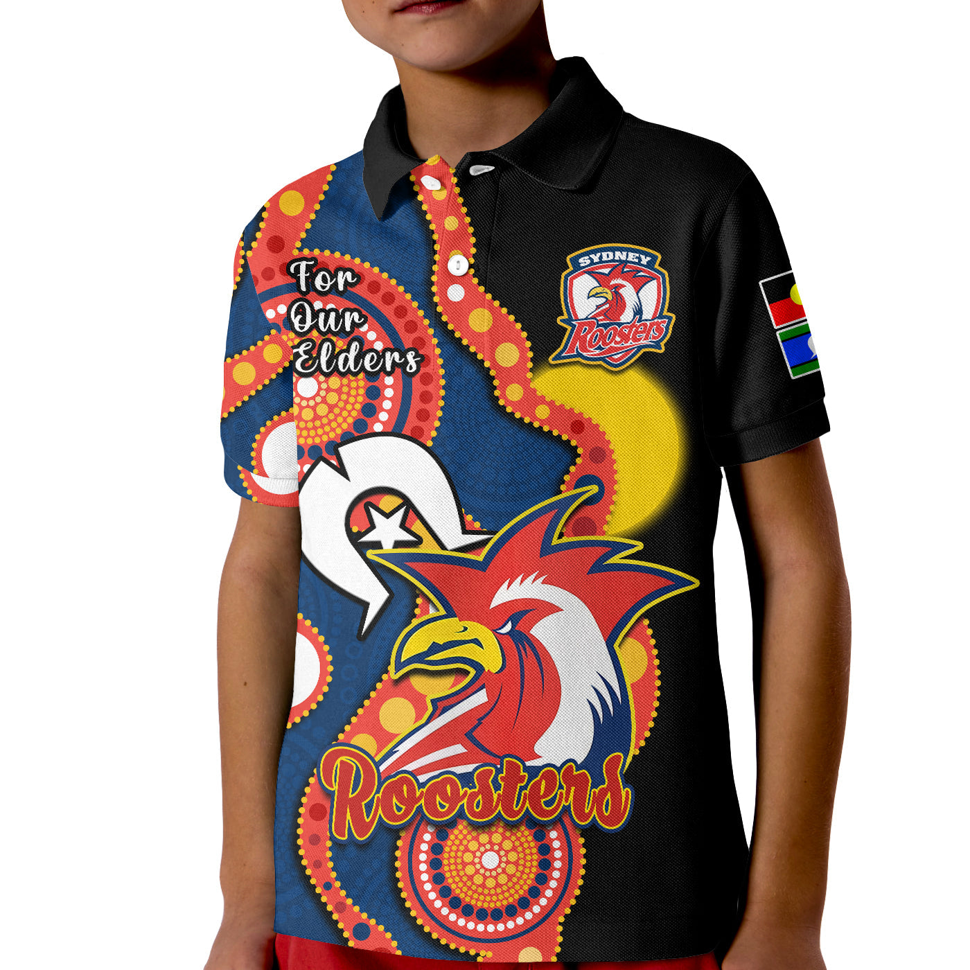 custom-text-and-number-roosters-rugby-naidoc-2023-polo-shirt-kid-tricolours-for-our-elders-indigenous-art