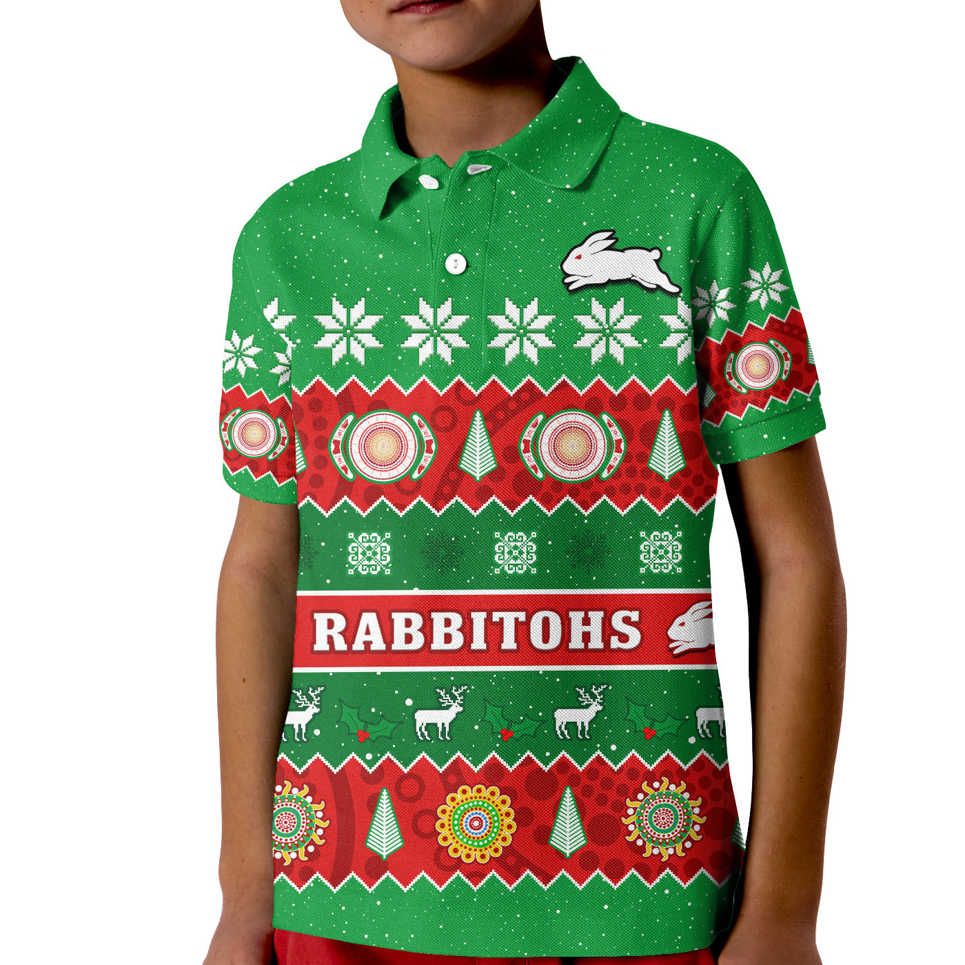 Rabbitohs Christmas Polo Shirt Souths Aboriginal Art Merry Xmas - Vibe Hoodie Shop