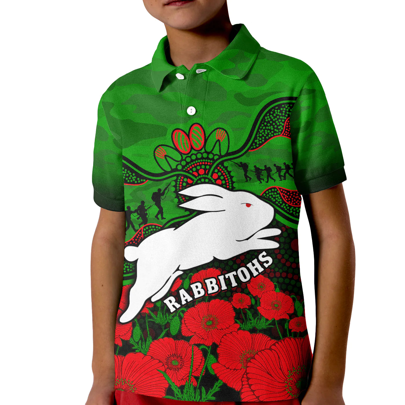 (Custom Text And Number) Rabbitohs Rugby ANZAC Polo Shirt KID South Sydney Camouflage Poppy Aboriginal - Vibe Hoodie Shop