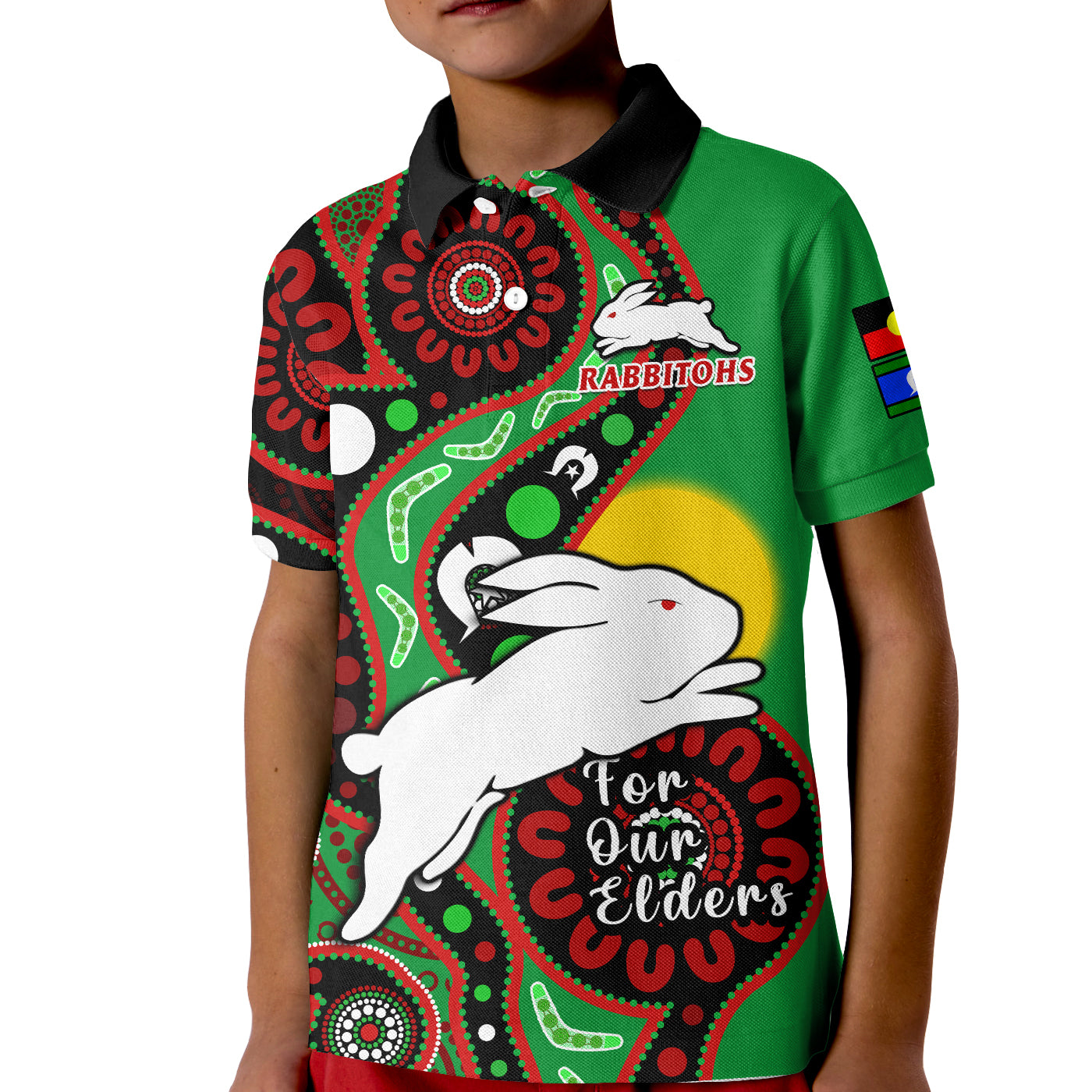 Rabbitohs Rugby NAIDOC 2023 Polo Shirt KID For Our Elders Aboriginal - Vibe Hoodie Shop