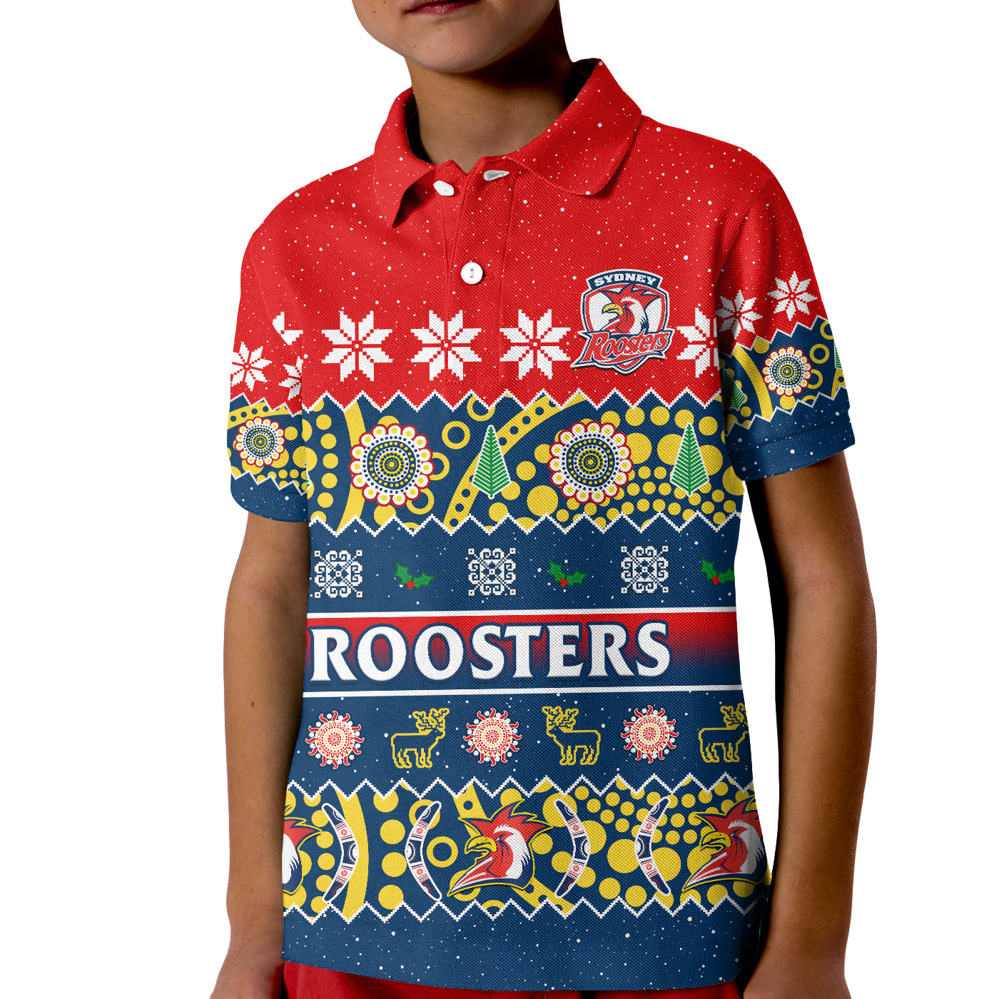 custom-personalised-sydney-roosters-christmas-polo-shirt-kid-easts-aboriginal-art-merry-xmas