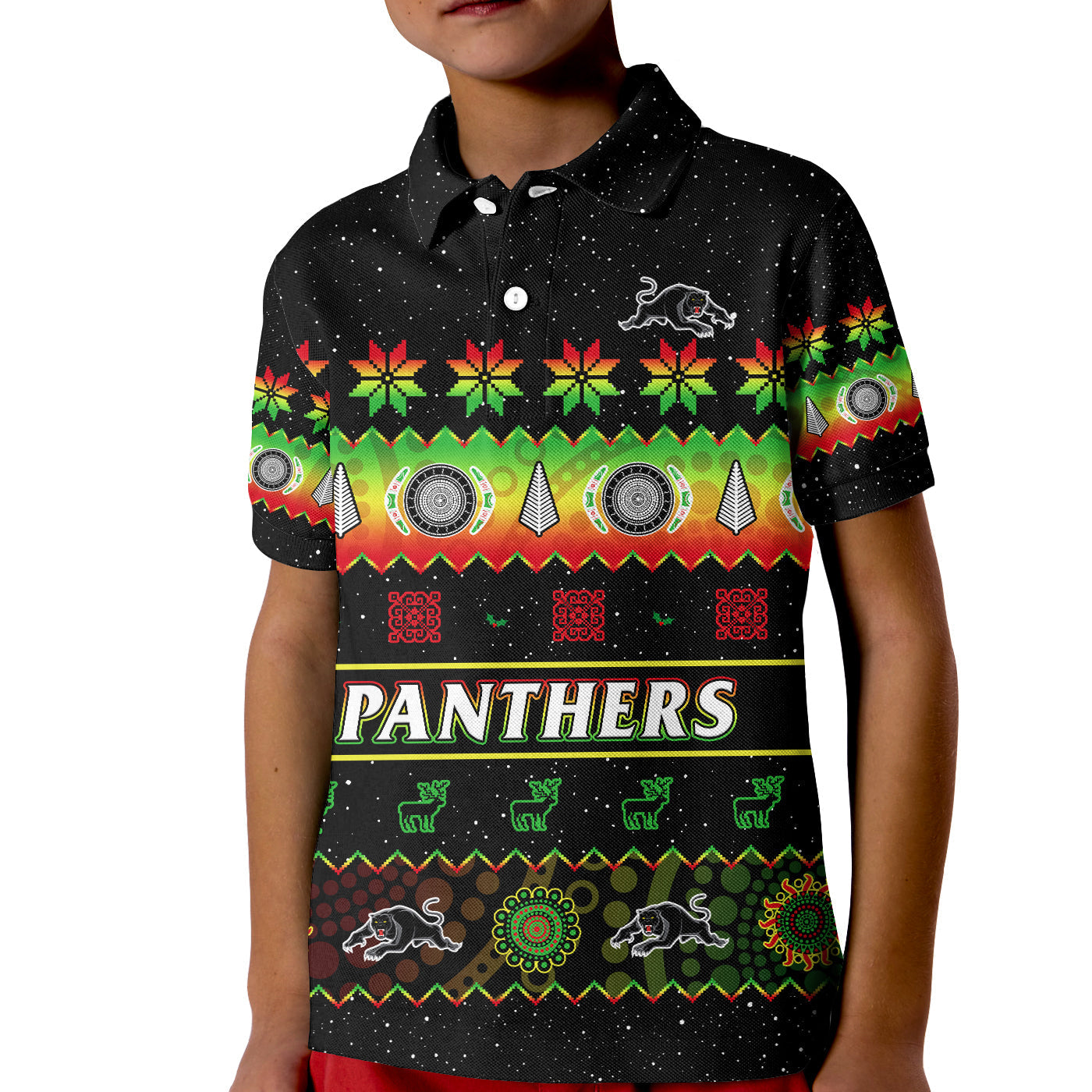 Penrith Panthers Christmas Polo Shirt The Riff Aboriginal Art Merry Xmas - Vibe Hoodie Shop