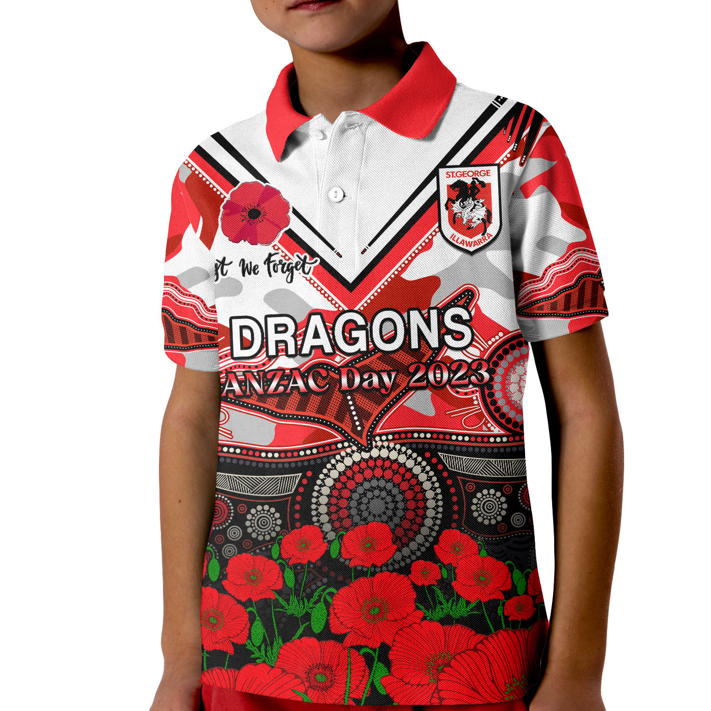 dragons-rugby-anzac-2023-polo-shirt-kid-aboriginal-mix-poppy-lest-we-forget